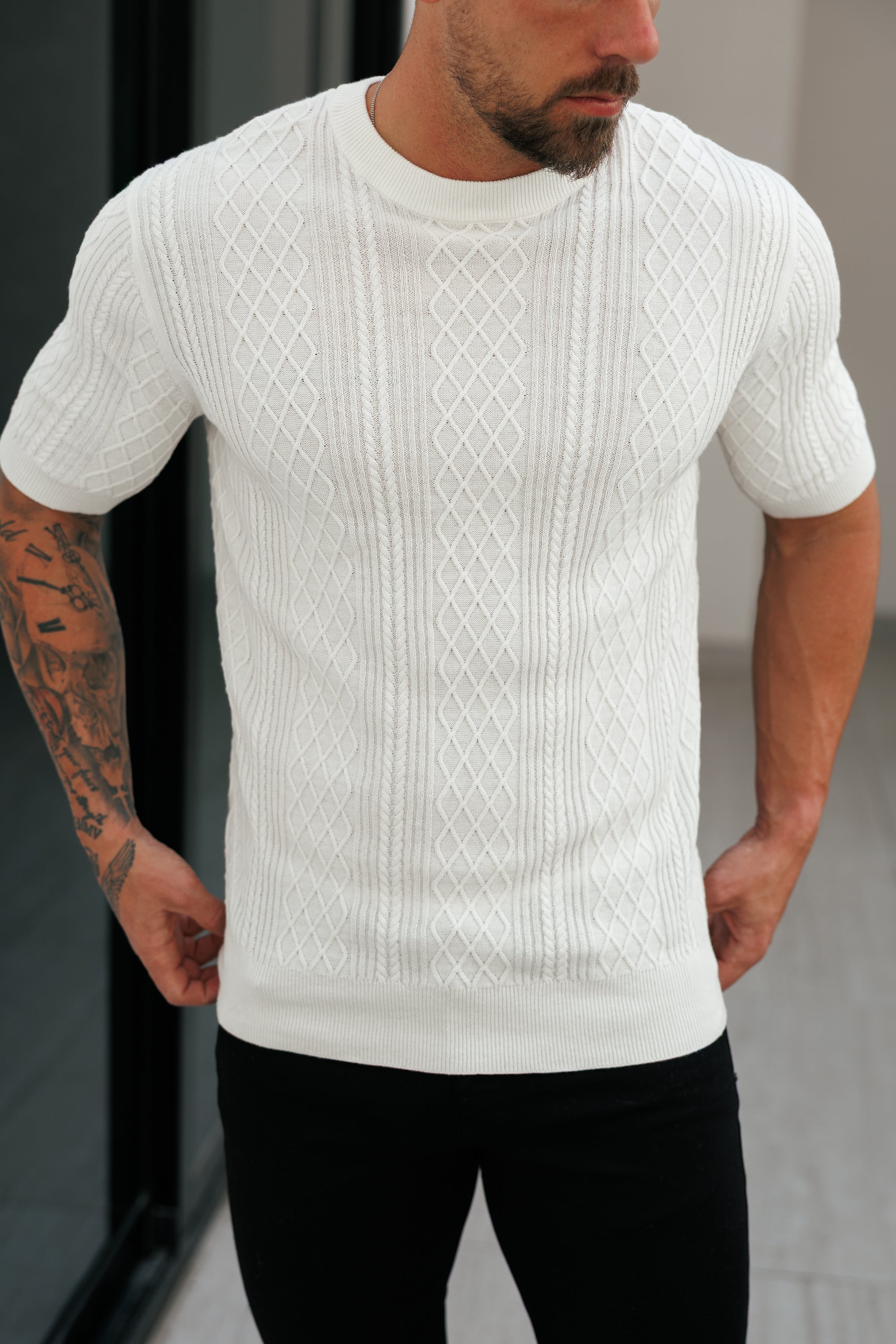 Fine Knit Diamond Off White Jumper Short Sleeve  -  FSA009