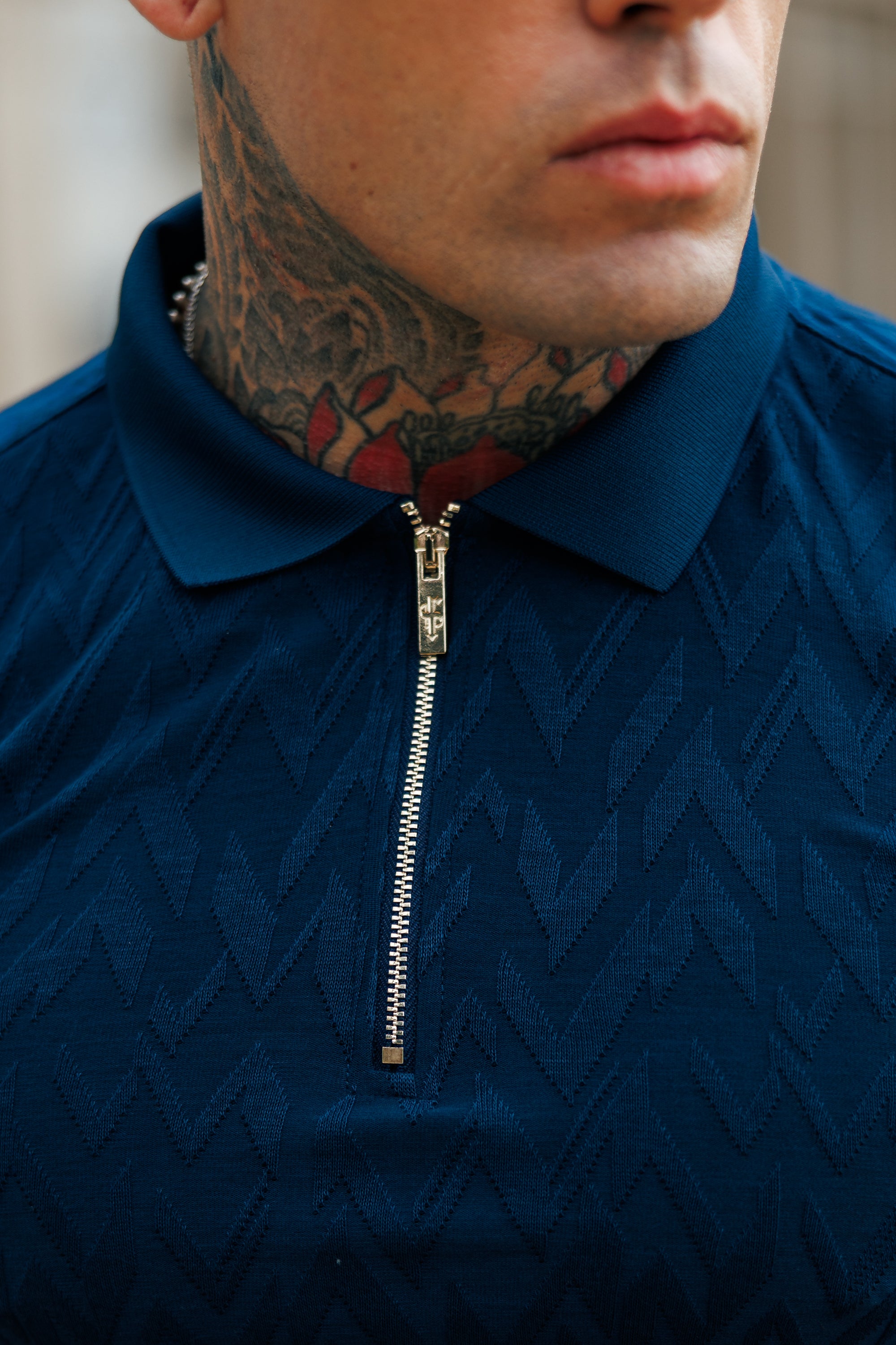 Classic Jacquard Navy Chevron Zipped Polo - FSR021