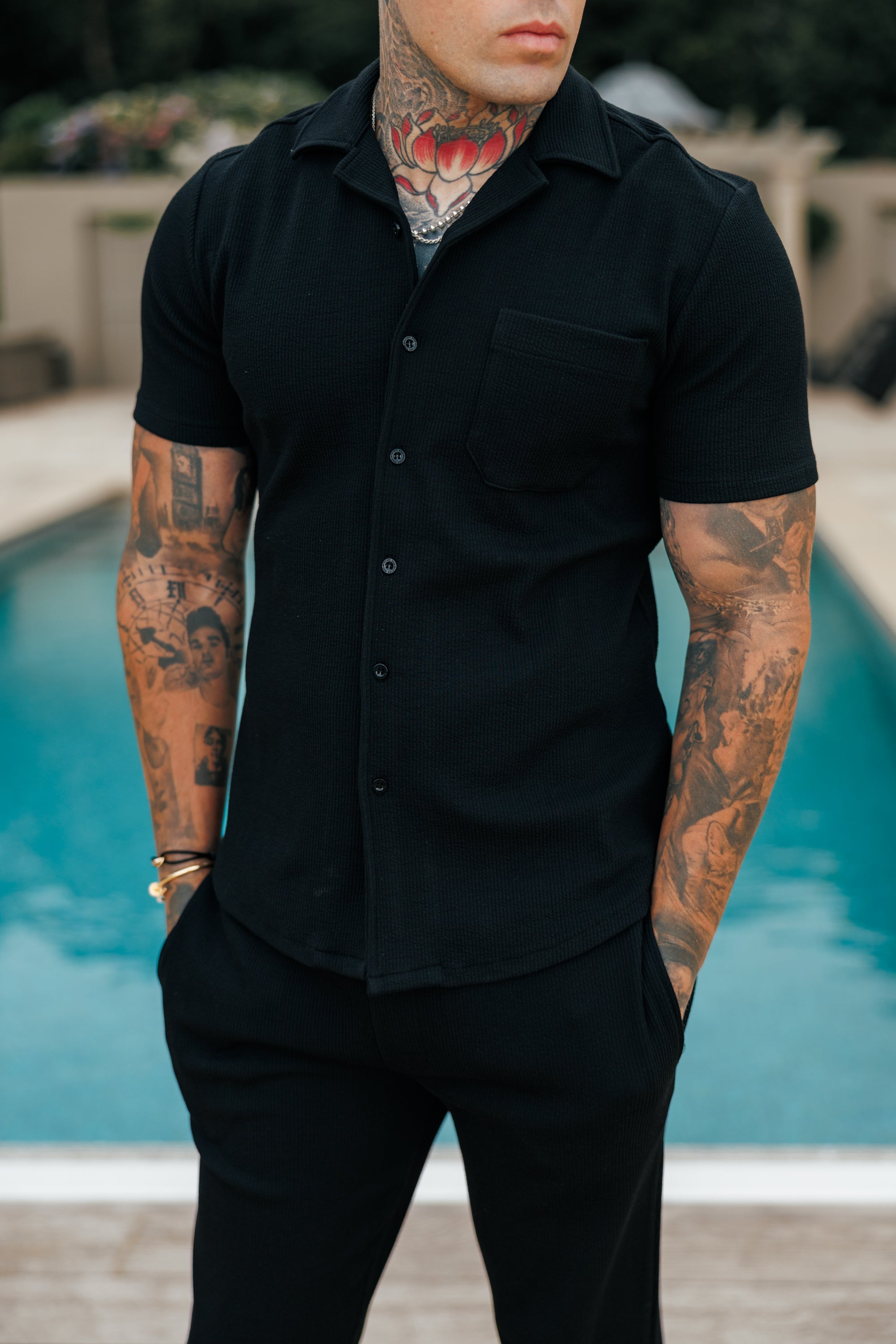 Jersey Cord Stretch Black Revere Shirt Short Sleeve - FSR018