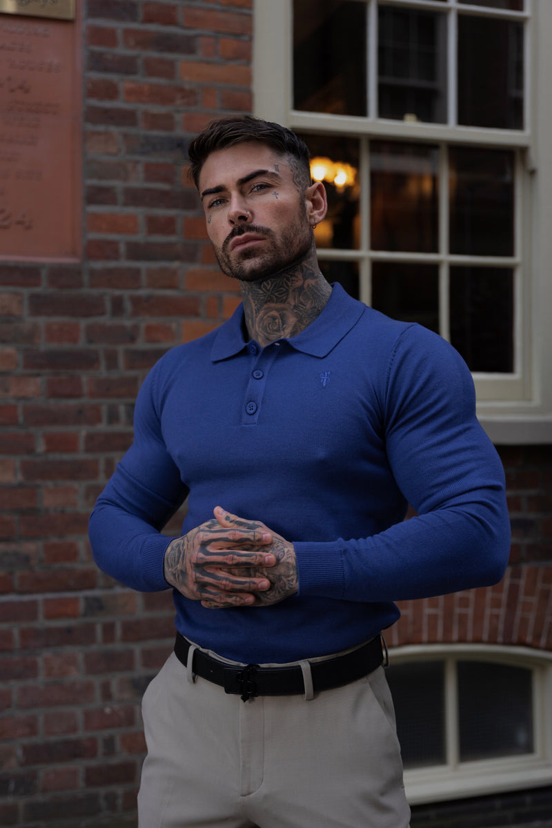 Father Sons Classic Ocean Blue Knitted Polo Sweater Long Sleeve With Tonal FS Embroidery- FSN140