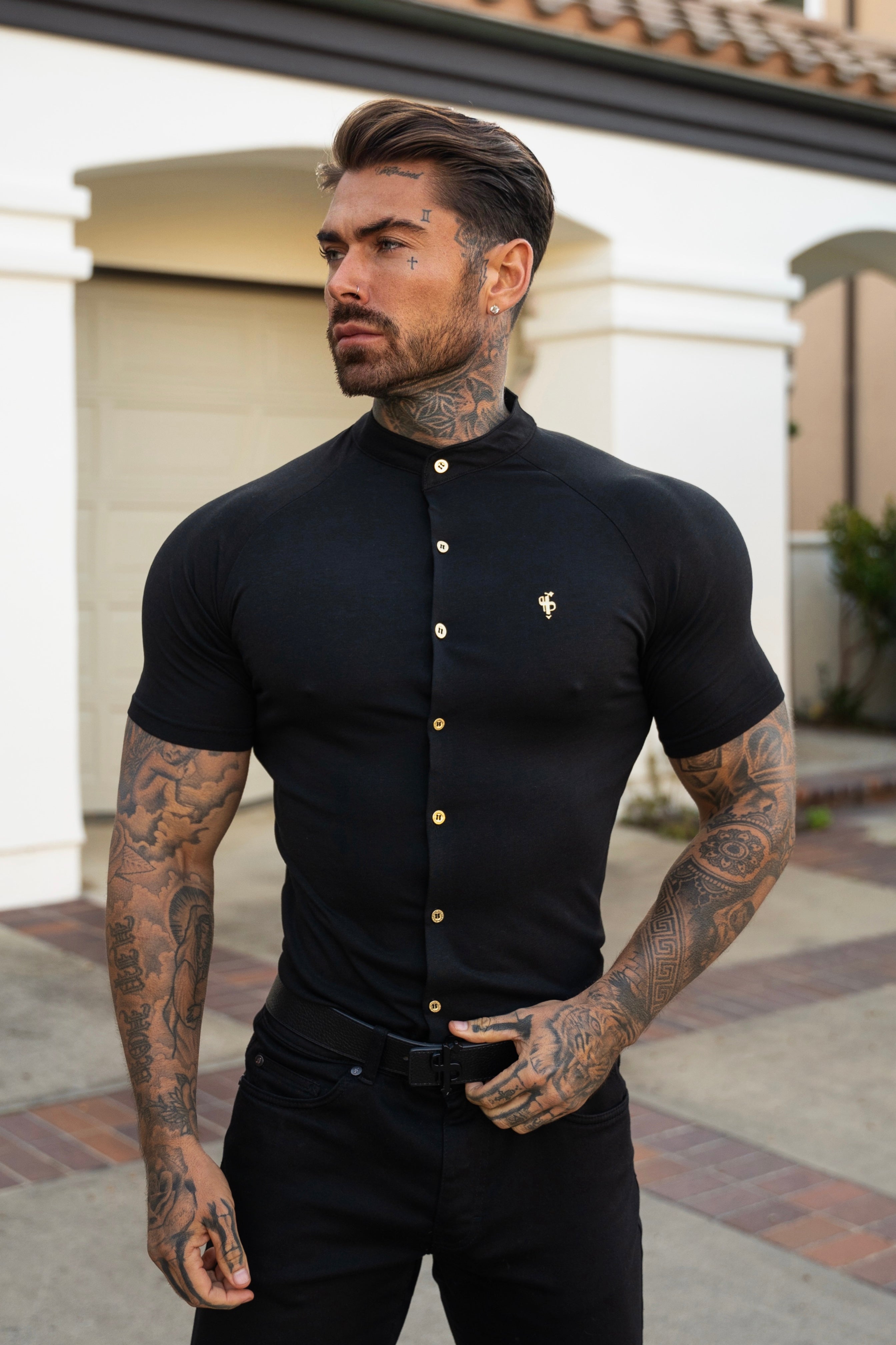 Slim Bamboo Raglan Grandad Collar Black - FSH1133