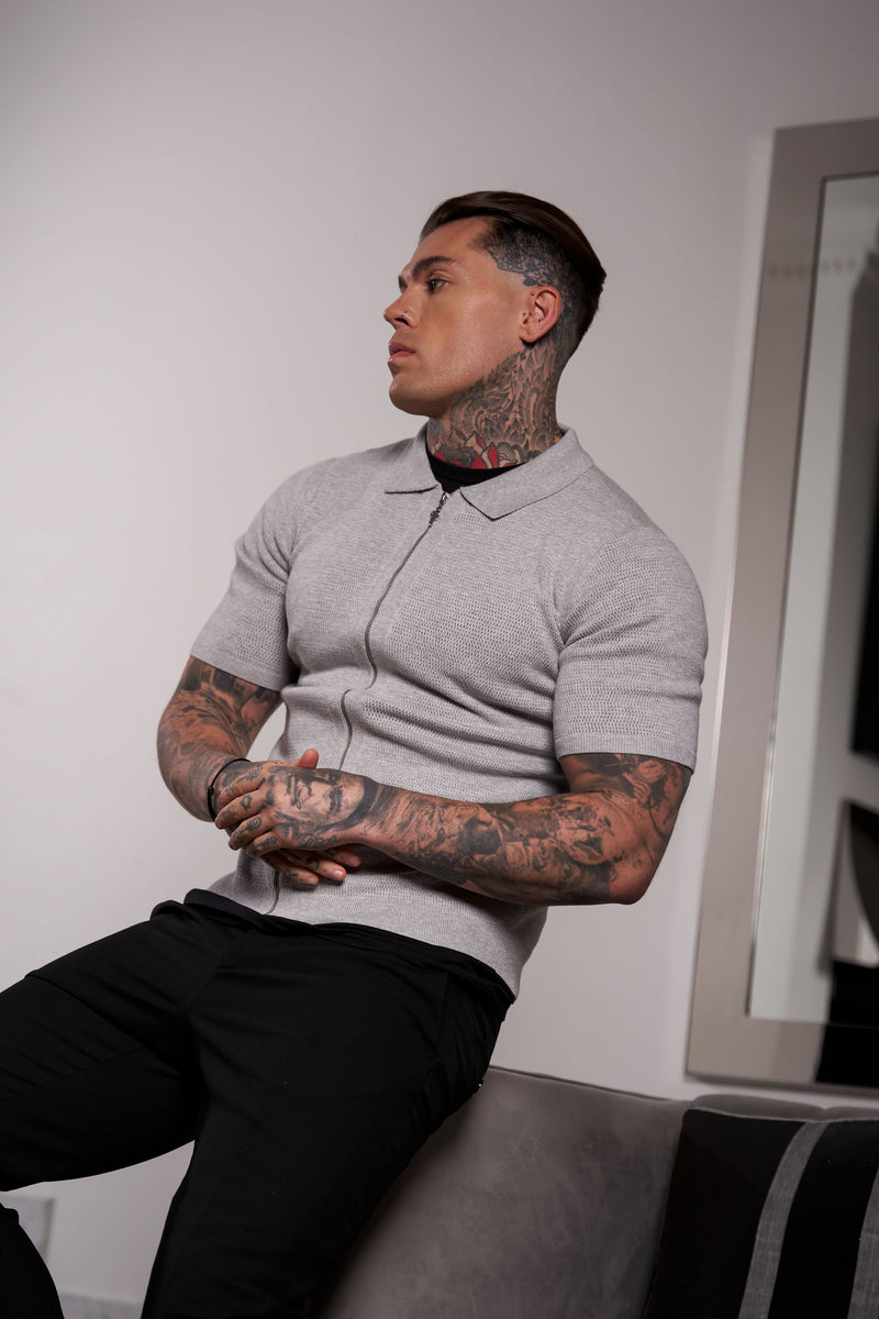 Father Sons Classic Knitted Textured Design With Full Length Zip Light Grey Short Sleeve - FSN154