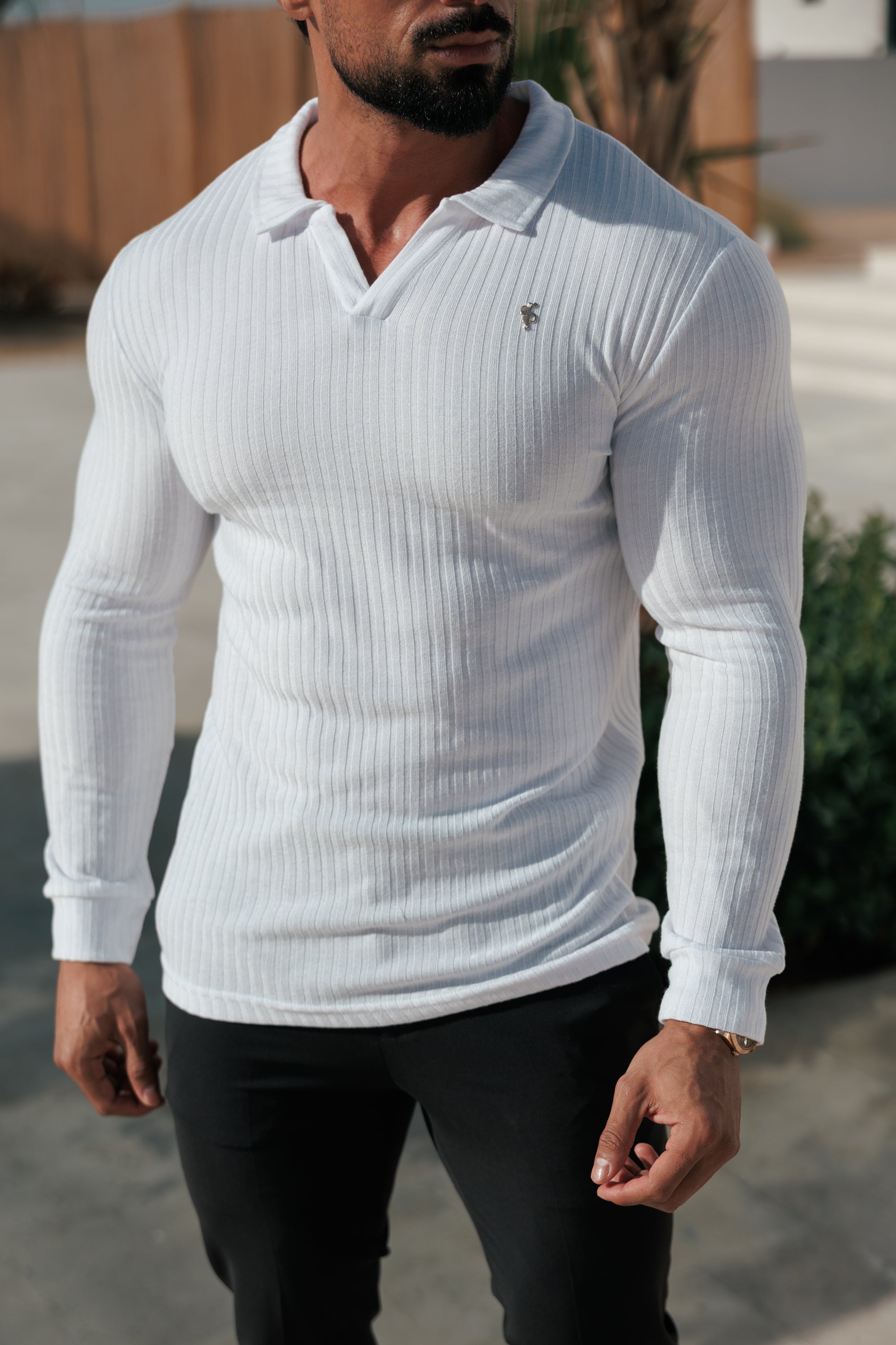 White / Gold Ribbed Revere Polo Shirt Long Sleeve - FSH1431