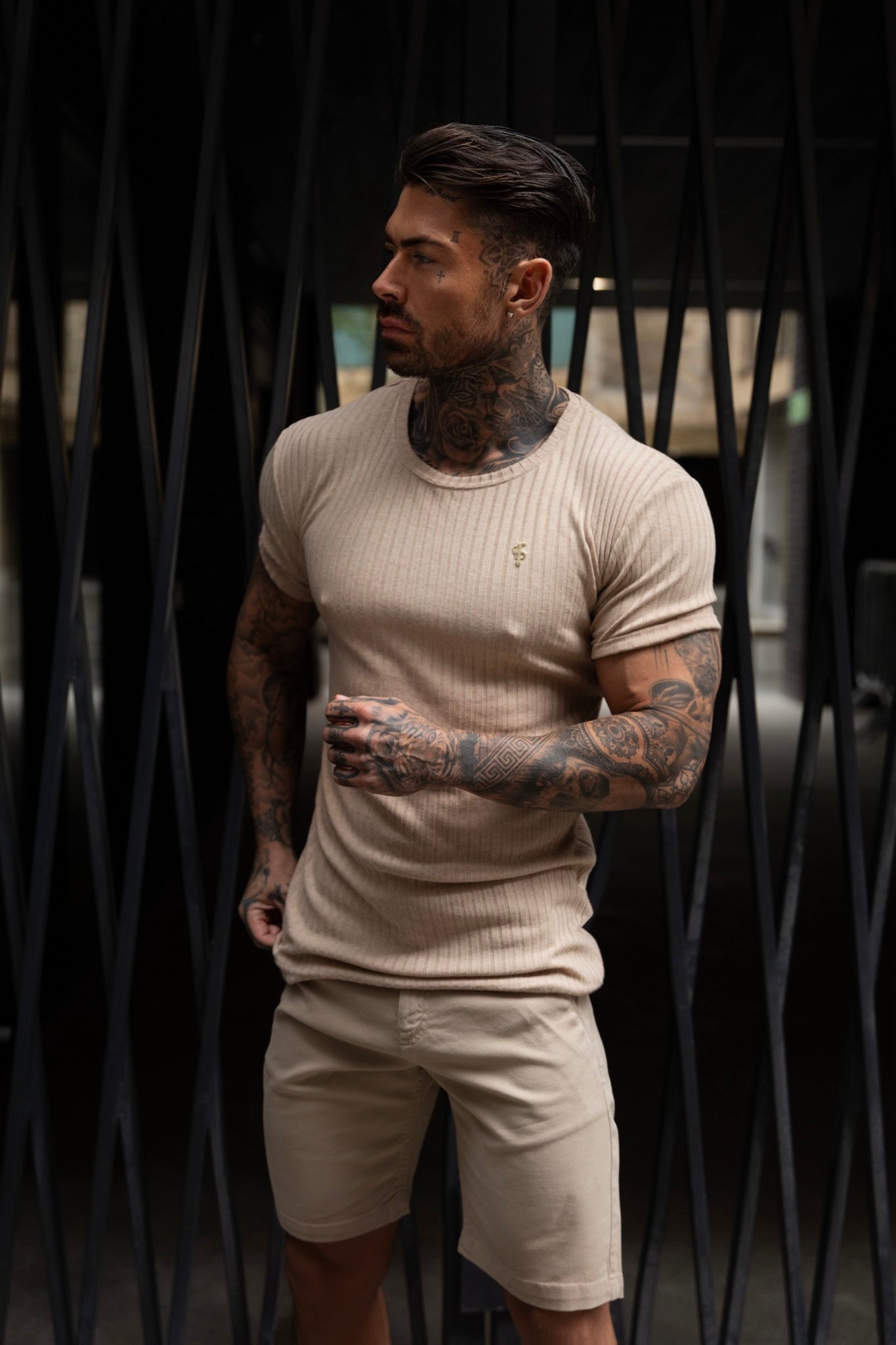 Classic Beige / Gold Ribbed Knit Super Slim Short Sleeve Crew - FSH1088