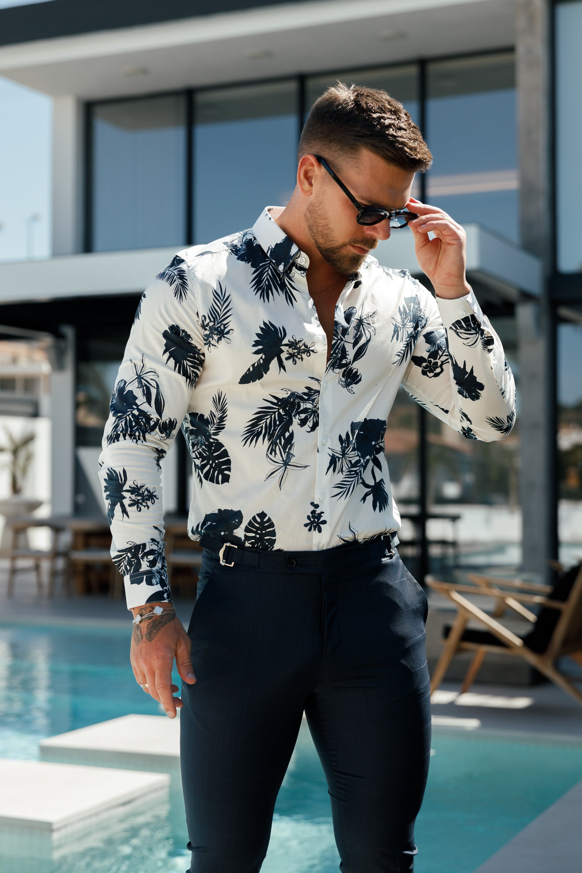 Father Sons Slim Formal Navy Self Check Stretch Pants with Side Adjusters - FST030