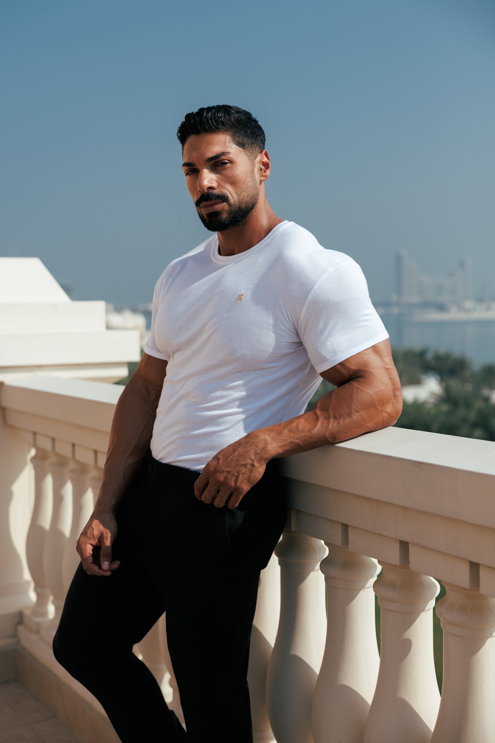White Bamboo Crew Tshirt with Gold Metal Emblem Decal FSH1381
