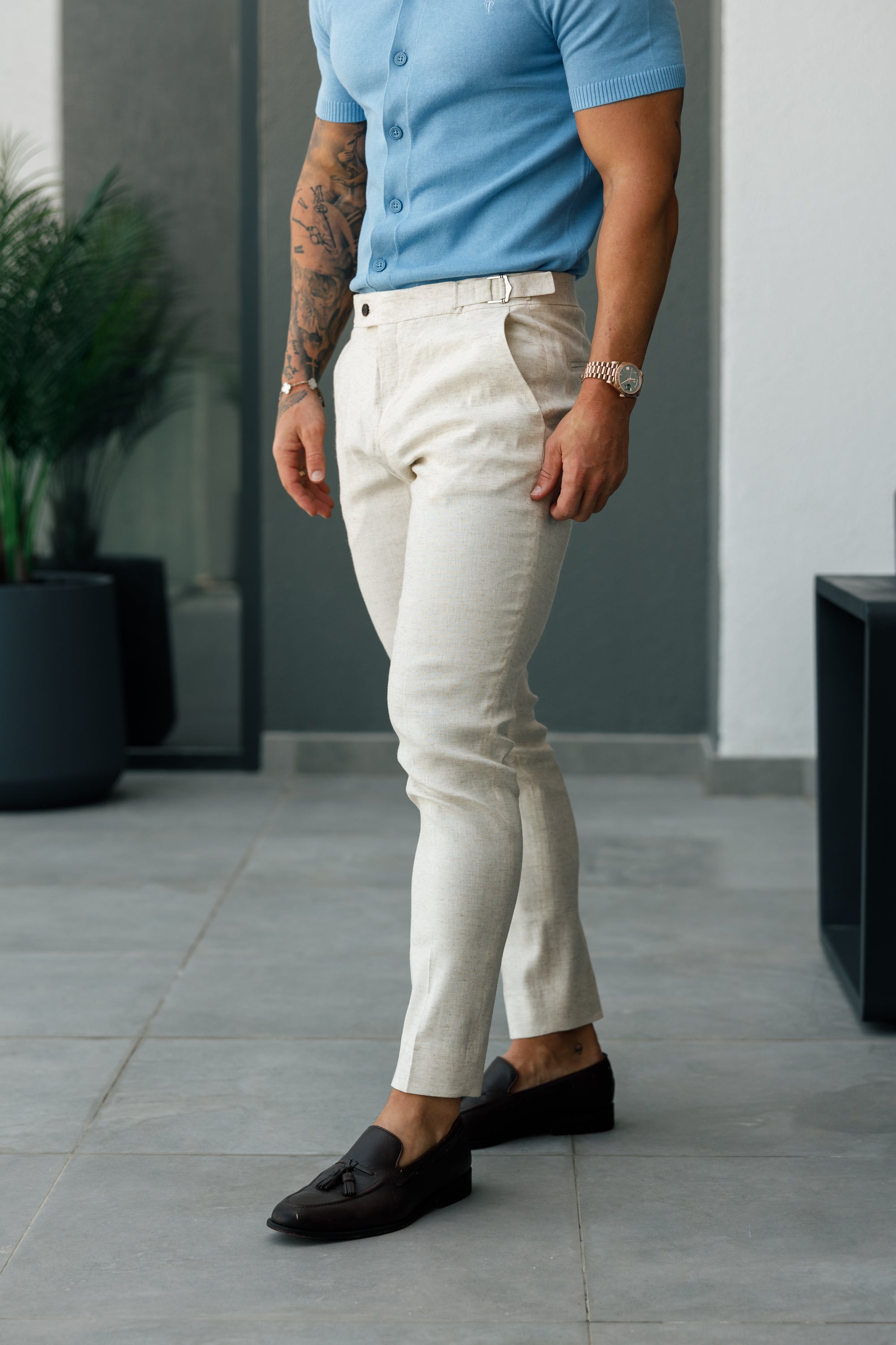 FatherSons Slim Formal Cream Linen Pants With Side Adjusters - FST020