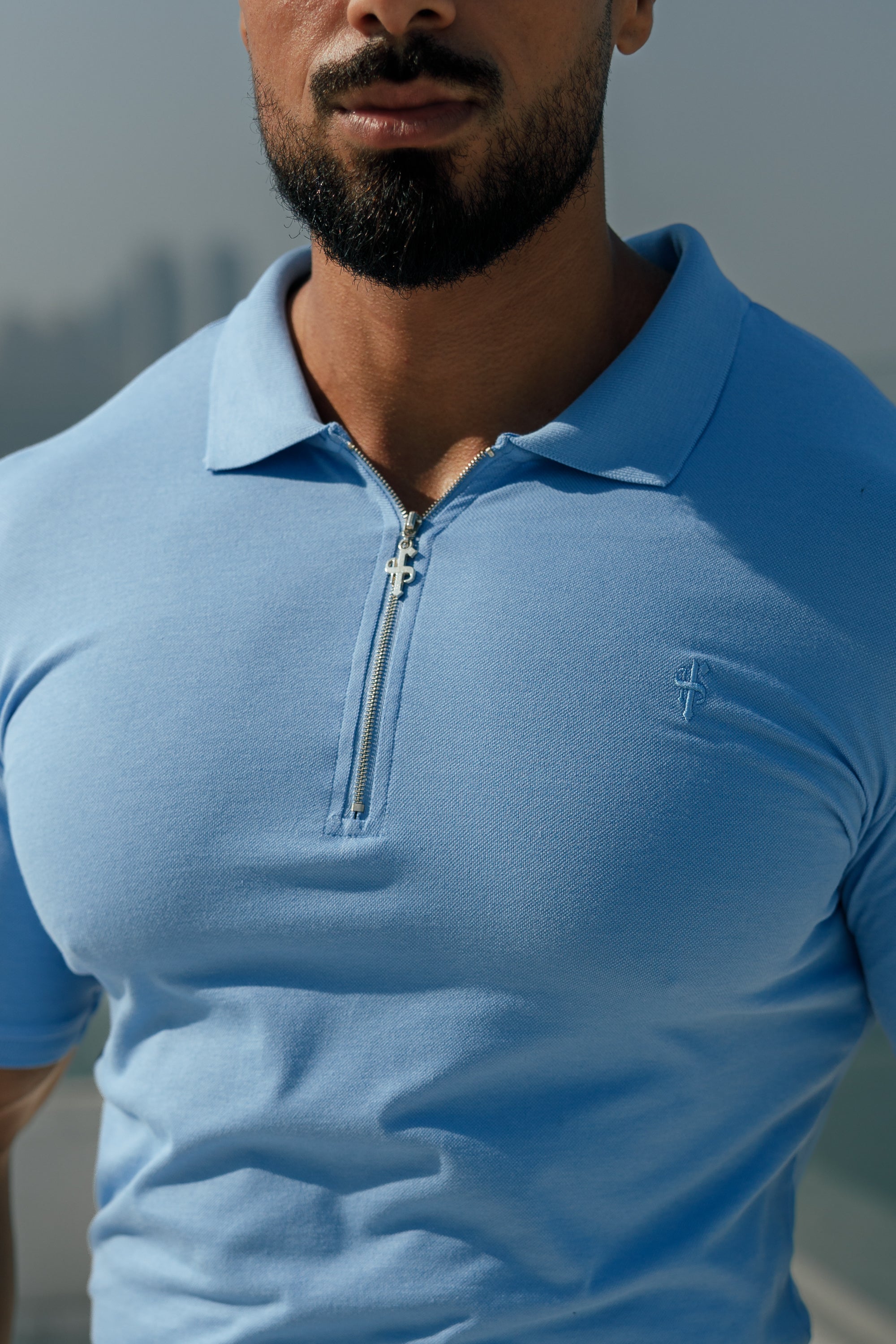 Classic Light Blue and Silver Zipped Polo Shirt - FSH856