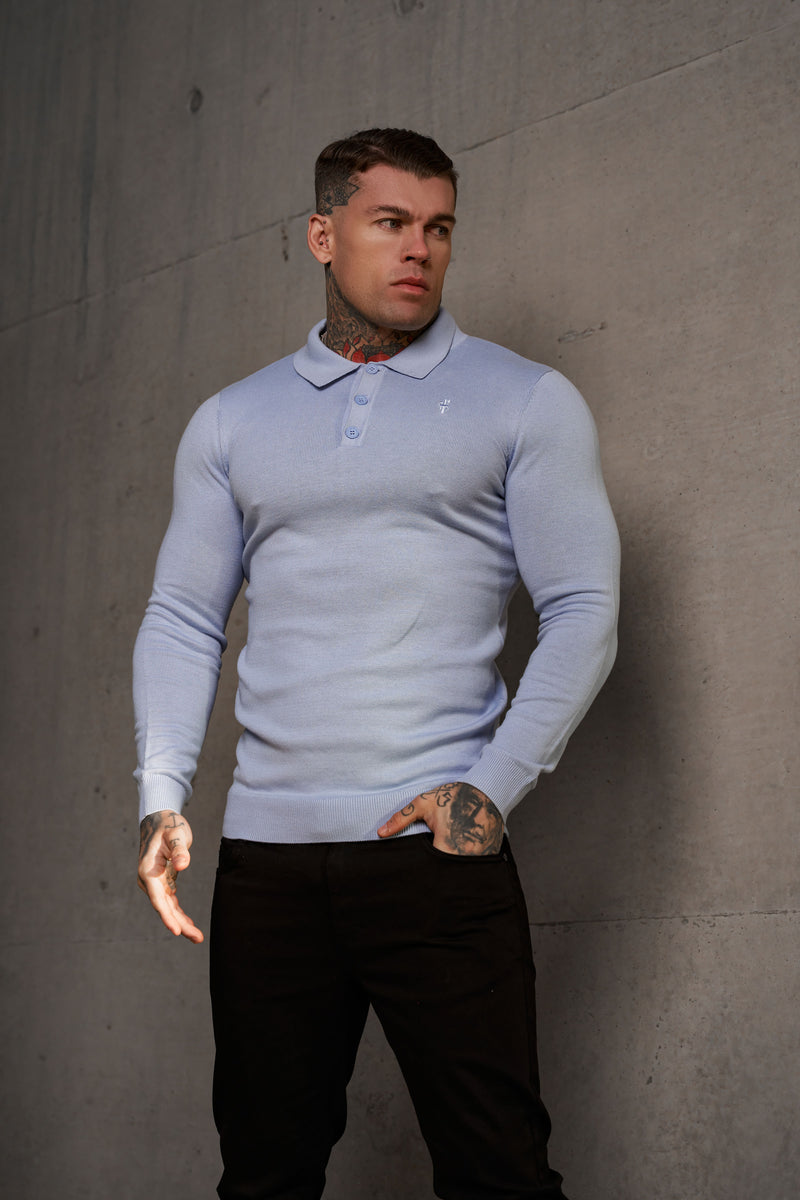 Father Sons Classic Pale Blue Knitted Polo Sweater Long Sleeve With Tonal FS Embroidery- FSN142