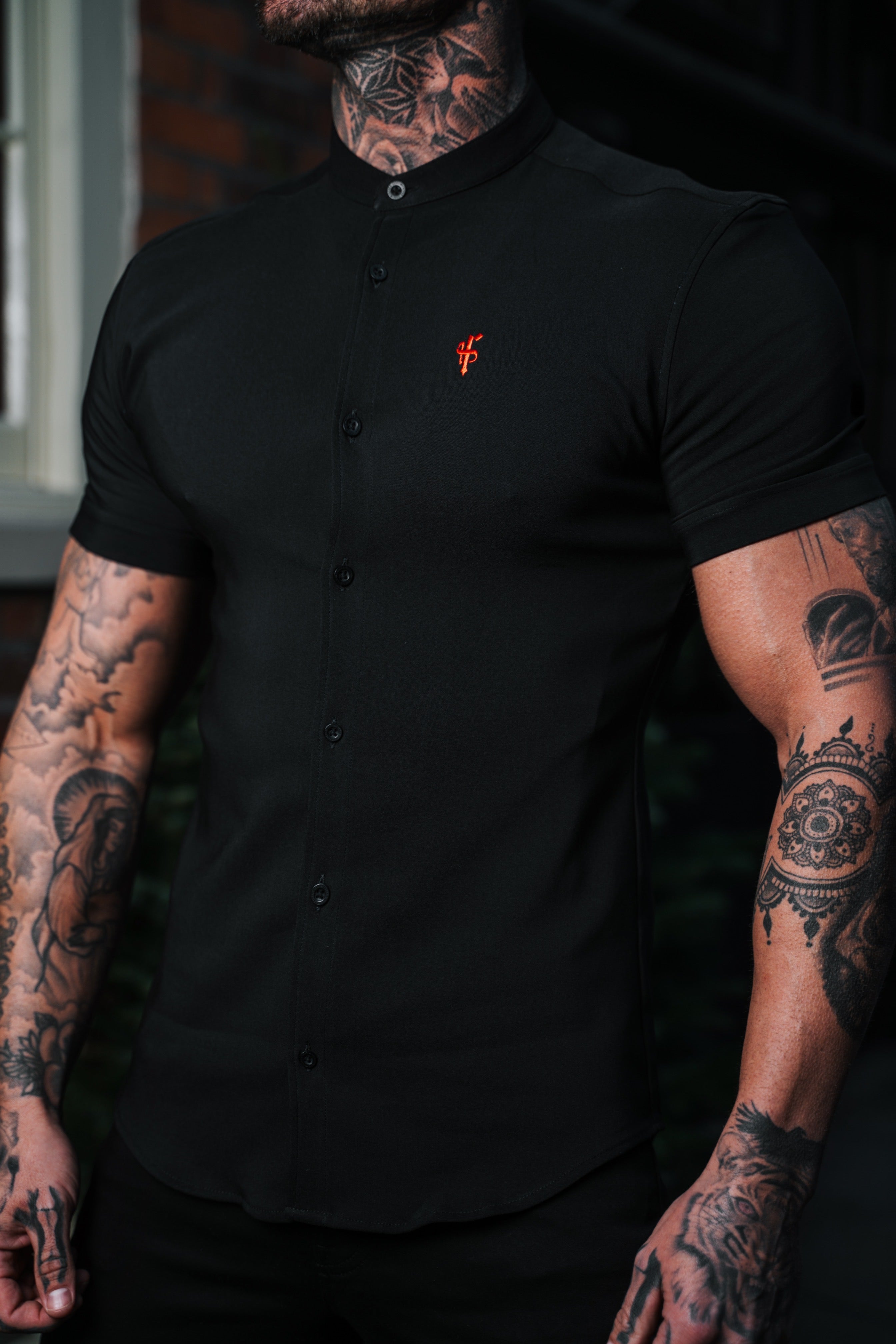 Super Slim Scuba Black Short Sleeve Stretch With Grandad Collar - FS930