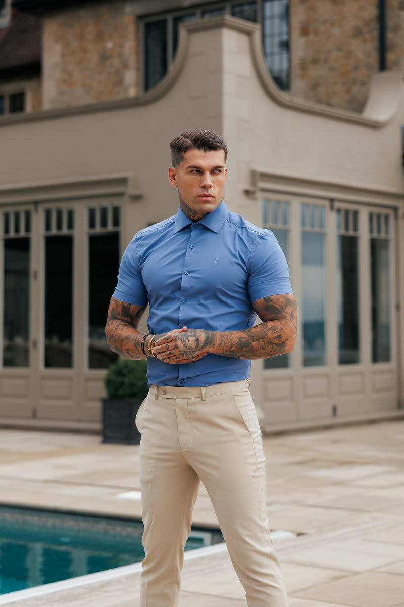 Father Sons Muscle Fit Advanced Stretch Mid Blue Short Sleeve with Cutaway Collar - FS1203