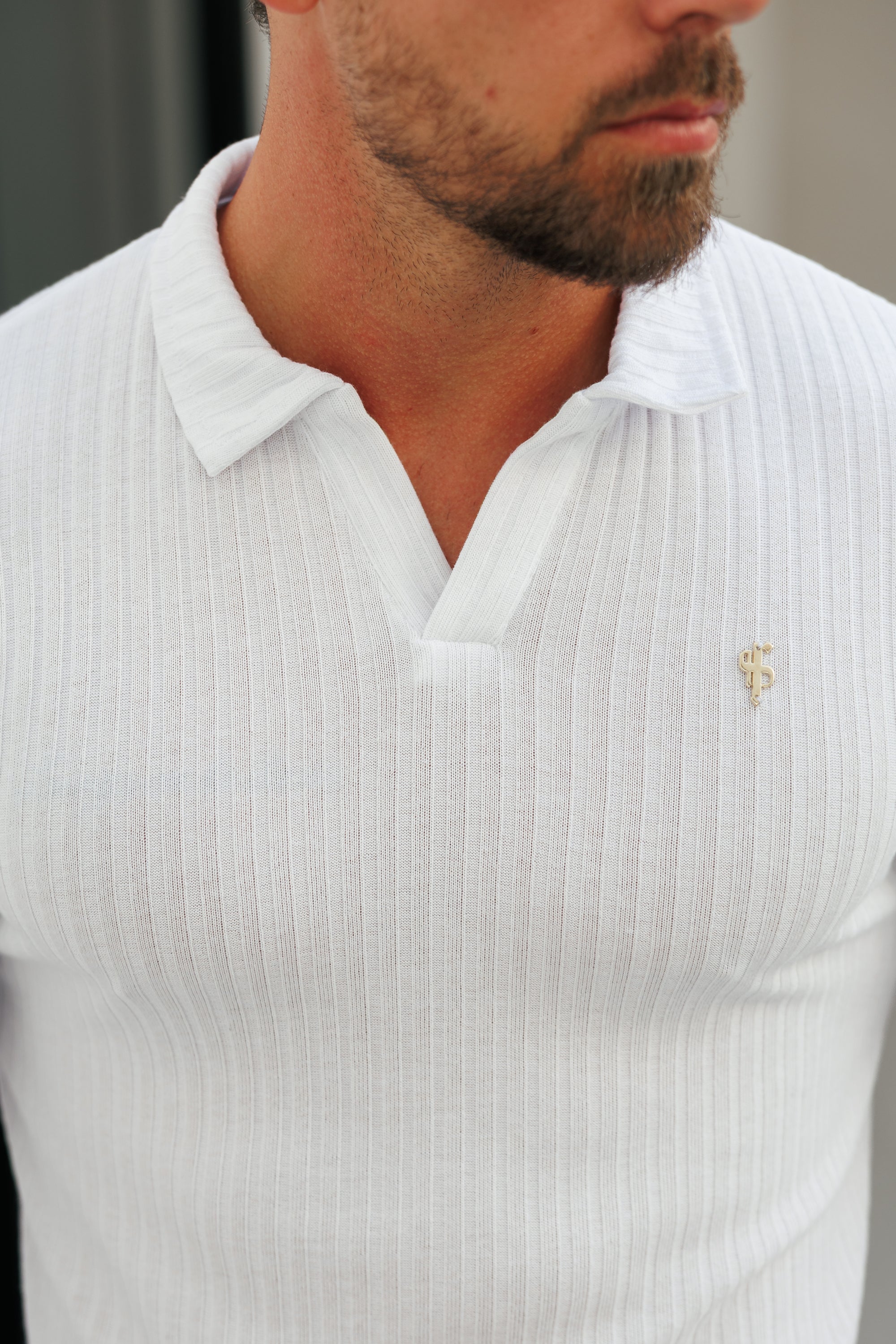 White / Gold Ribbed Revere Polo Shirt Long Sleeve - FSH1431