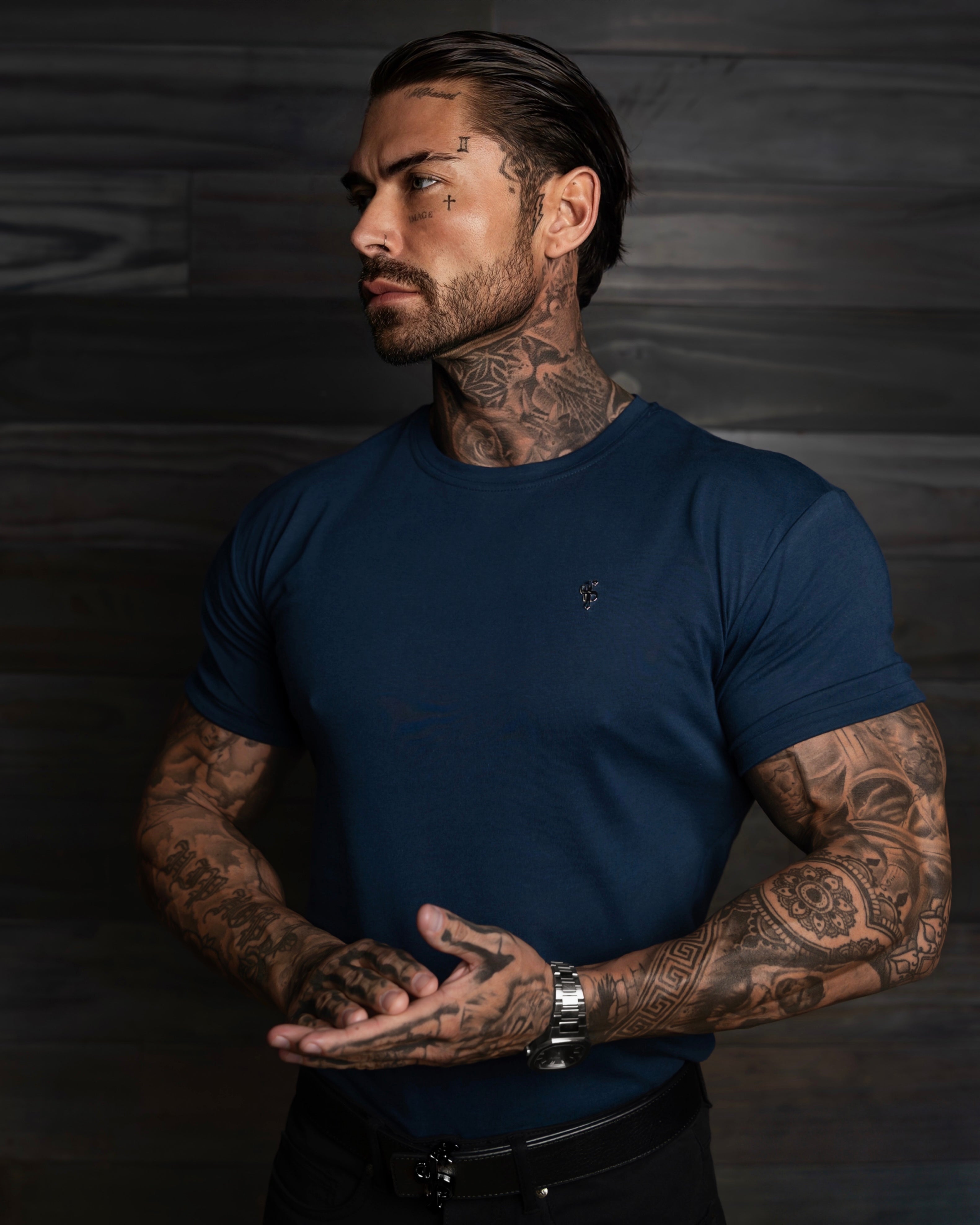 Navy / Silver Crew Tshirt with Silver Metal Emblem Decal FSH1451