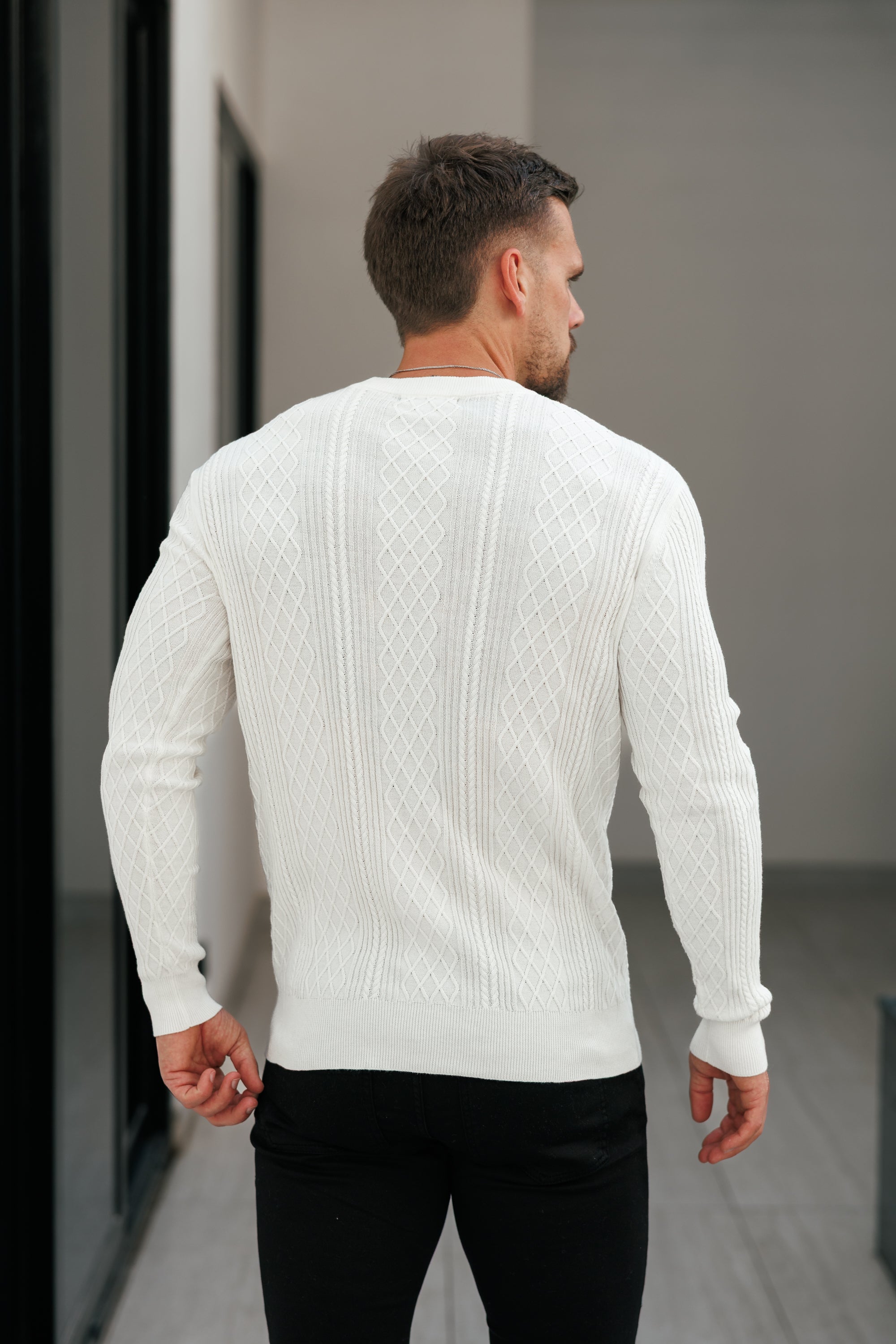 Fine Knit Diamond Off White Jumper Long Sleeve  -  FSA005