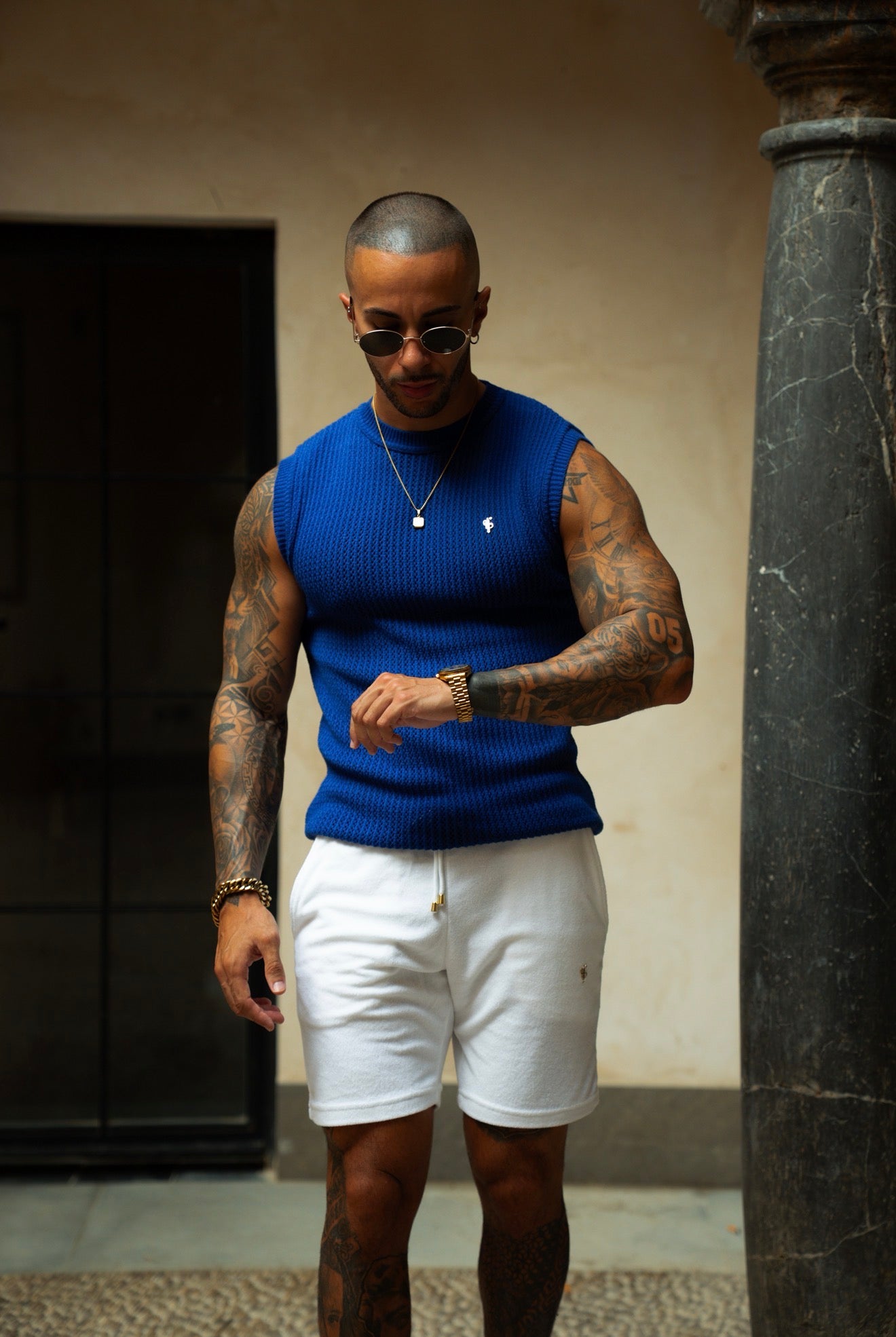 Royal Blue / Gold Viscose Crochet Knitted Vest - FSJ191