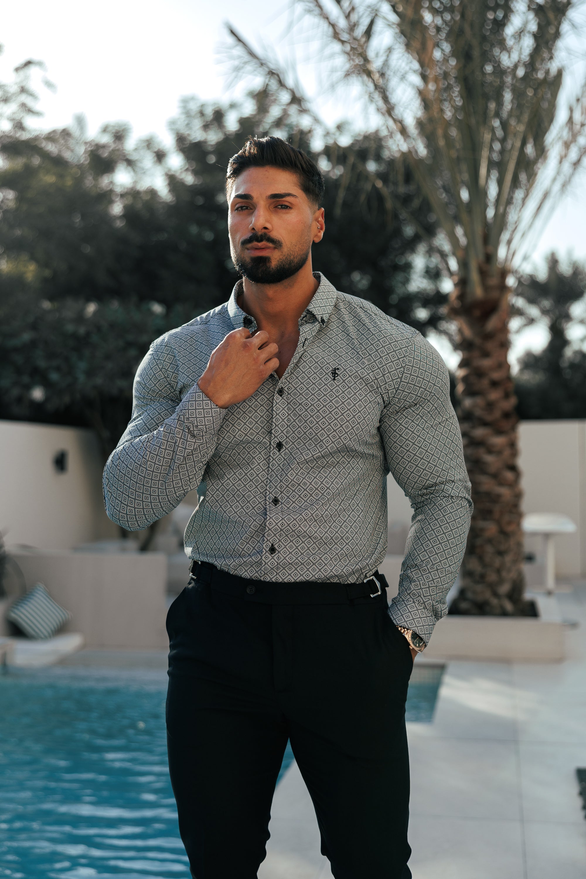 Super Slim Stretch Black / White Diamond Print Long Sleeve with Button Down Collar - FS1226