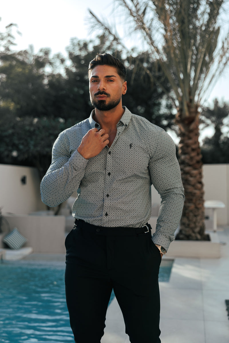 Father Sons Super Slim Stretch Black / White Diamond Print Long Sleeve with Button Down Collar - FS1226