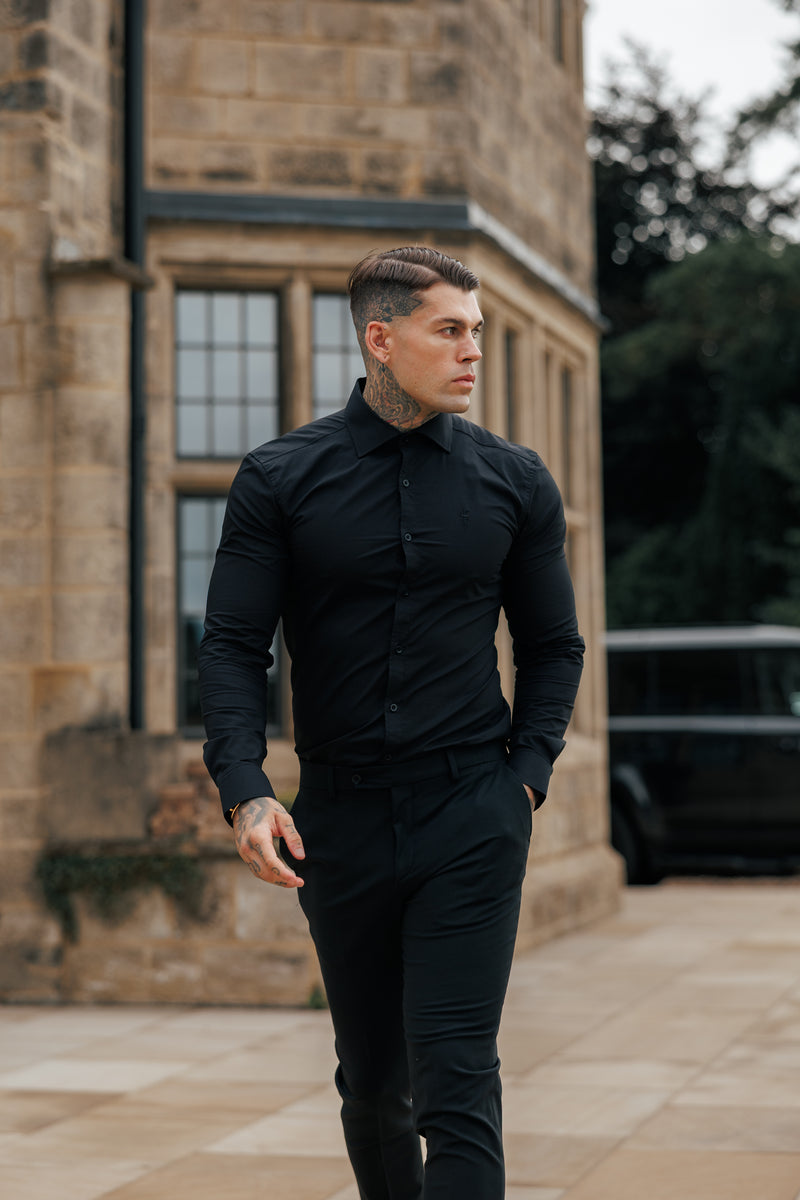 Father Sons Muscle Fit Advanced Stretch Black Cutaway Collar Shirt  - FS1164