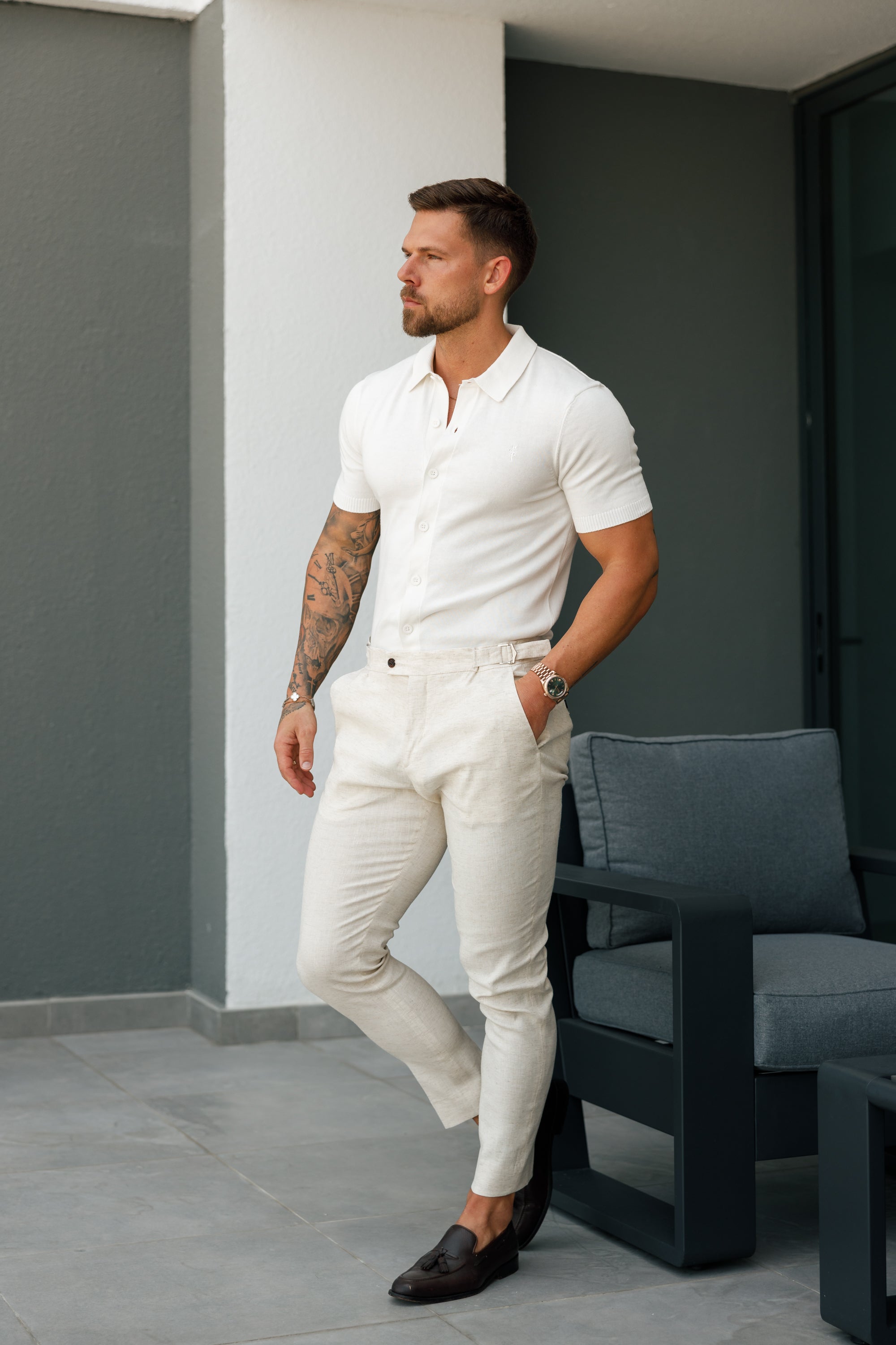Classic Plain Off White Knitted Button Through Polo Short Sleeve - FSN165