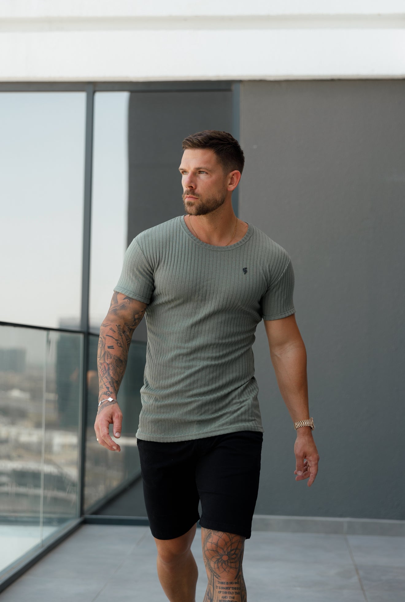 Olive / Black Ribbed Knit Super Slim Short Sleeve Crew T-Shirt - FSH1371C