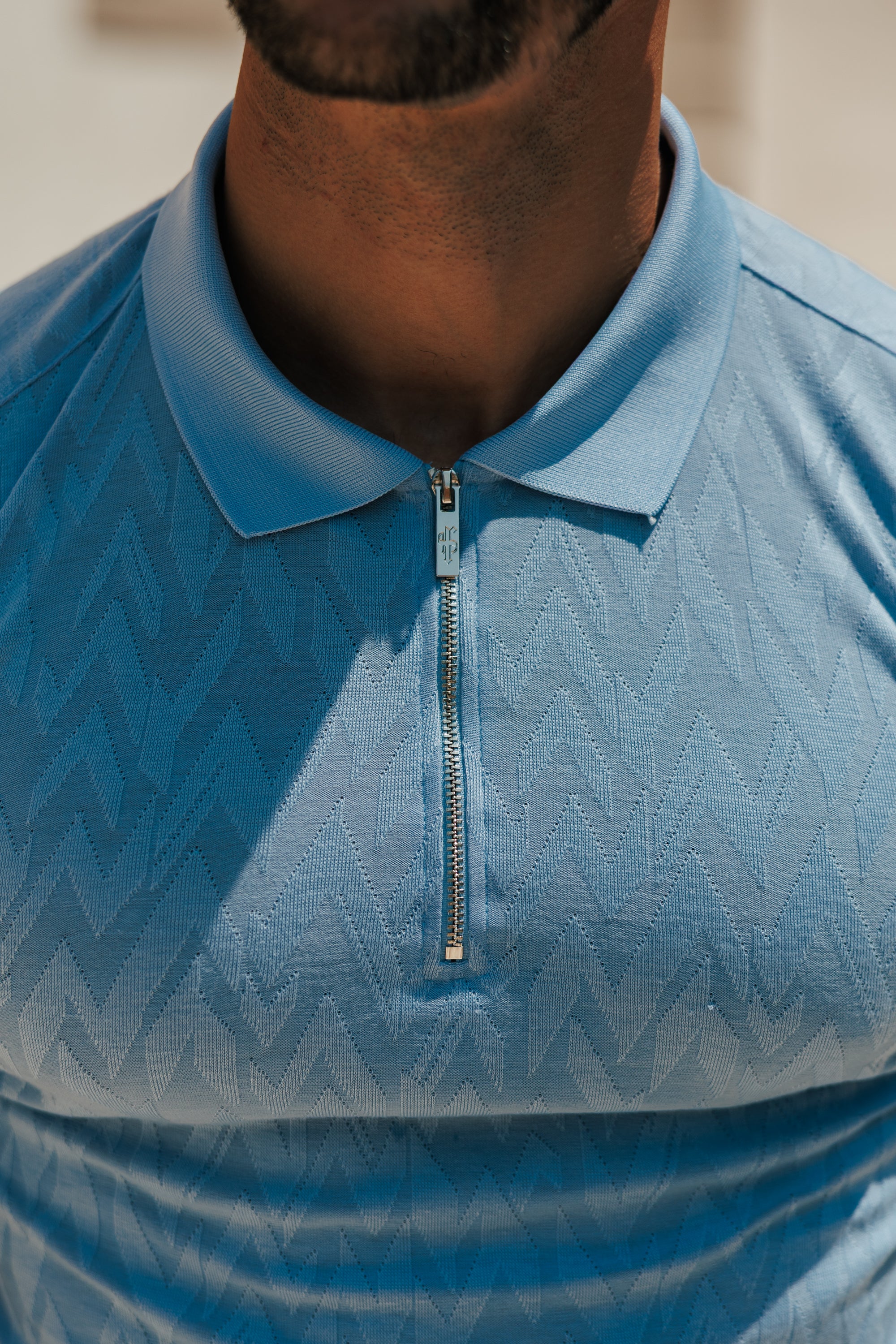 Classic Jacquard Baby Blue Chevron Zipped Polo - FSR061