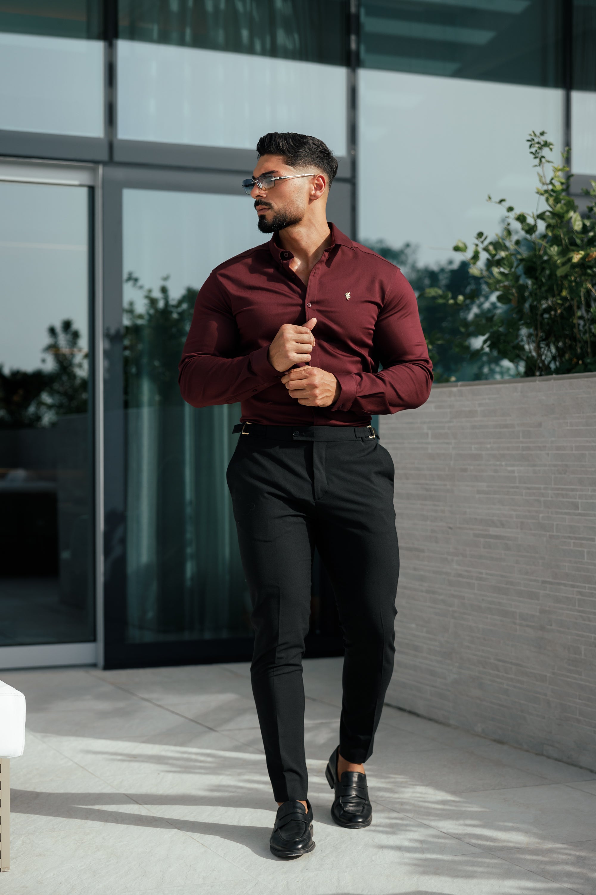 Super Slim Stretch Burgundy Denim Long Sleeve with Gold Metal Decal and Button Down Collar - FS1046