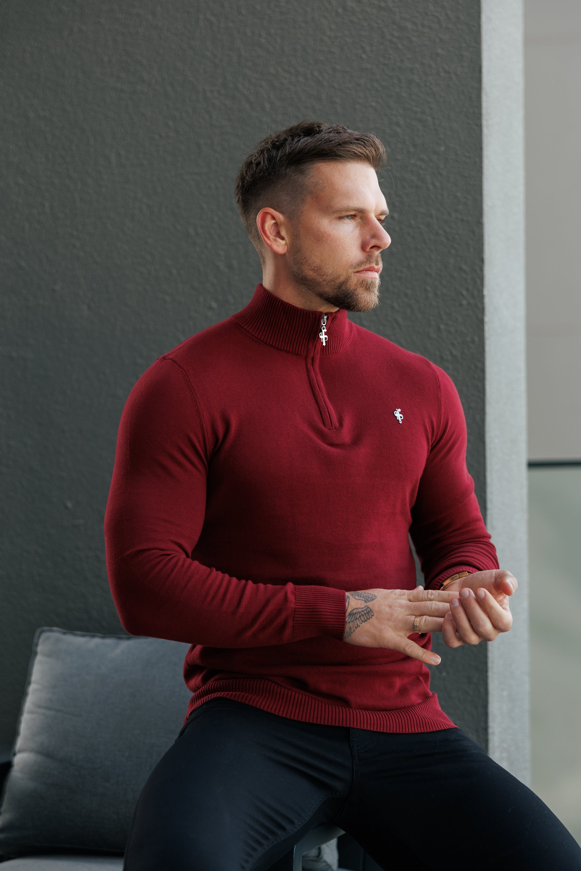 FS Brick Red Funnel Neck Knitted Jumper With FS Branding -  FSN188