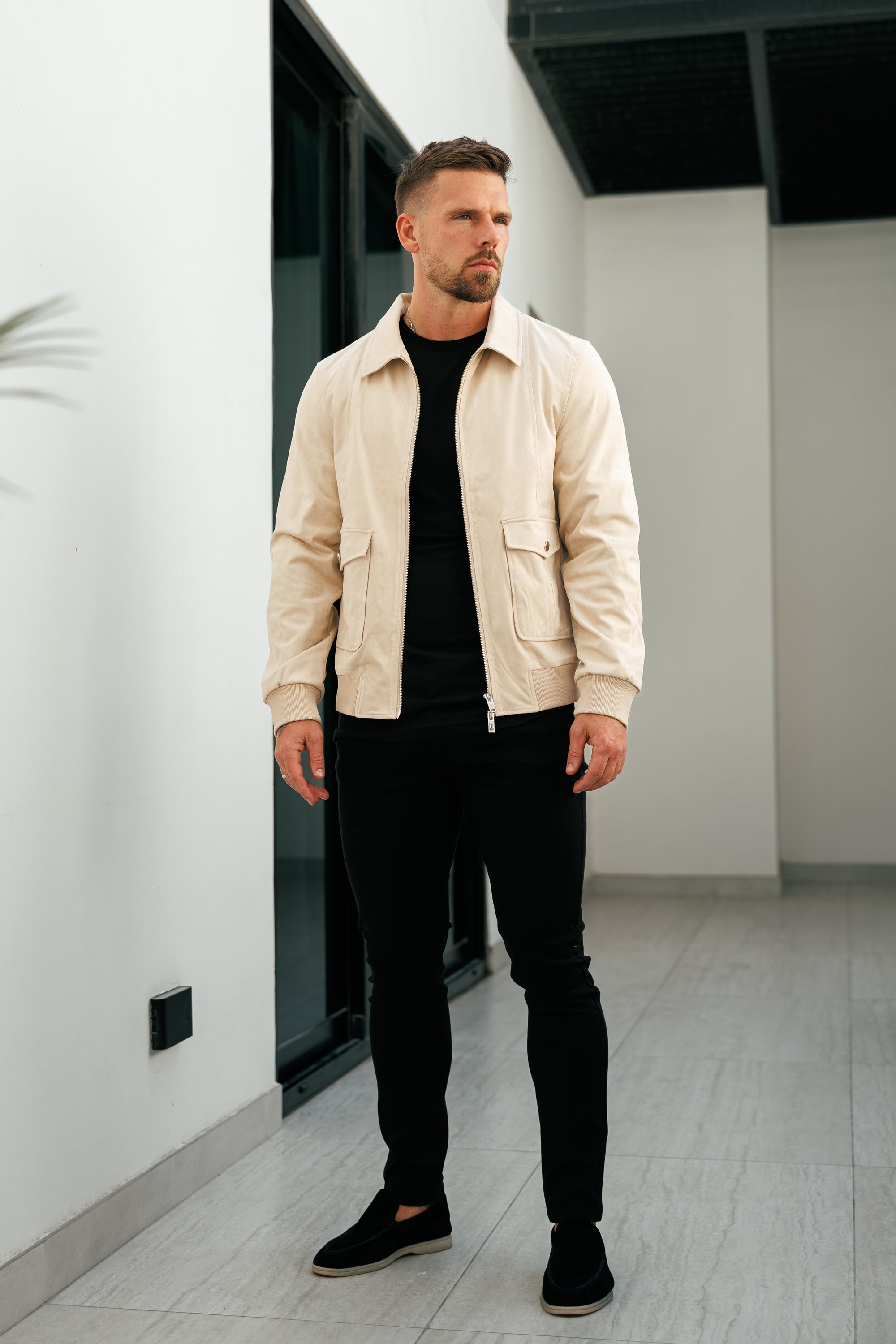 Suede Feel Beige Bomber Jacket - FSN228