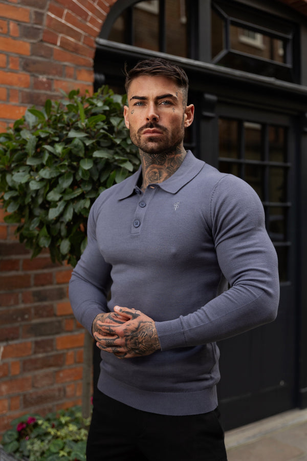 Father Sons Classic Gunmetal Knitted Polo Sweater Long Sleeve With Tonal FS Embroidery- FSN141