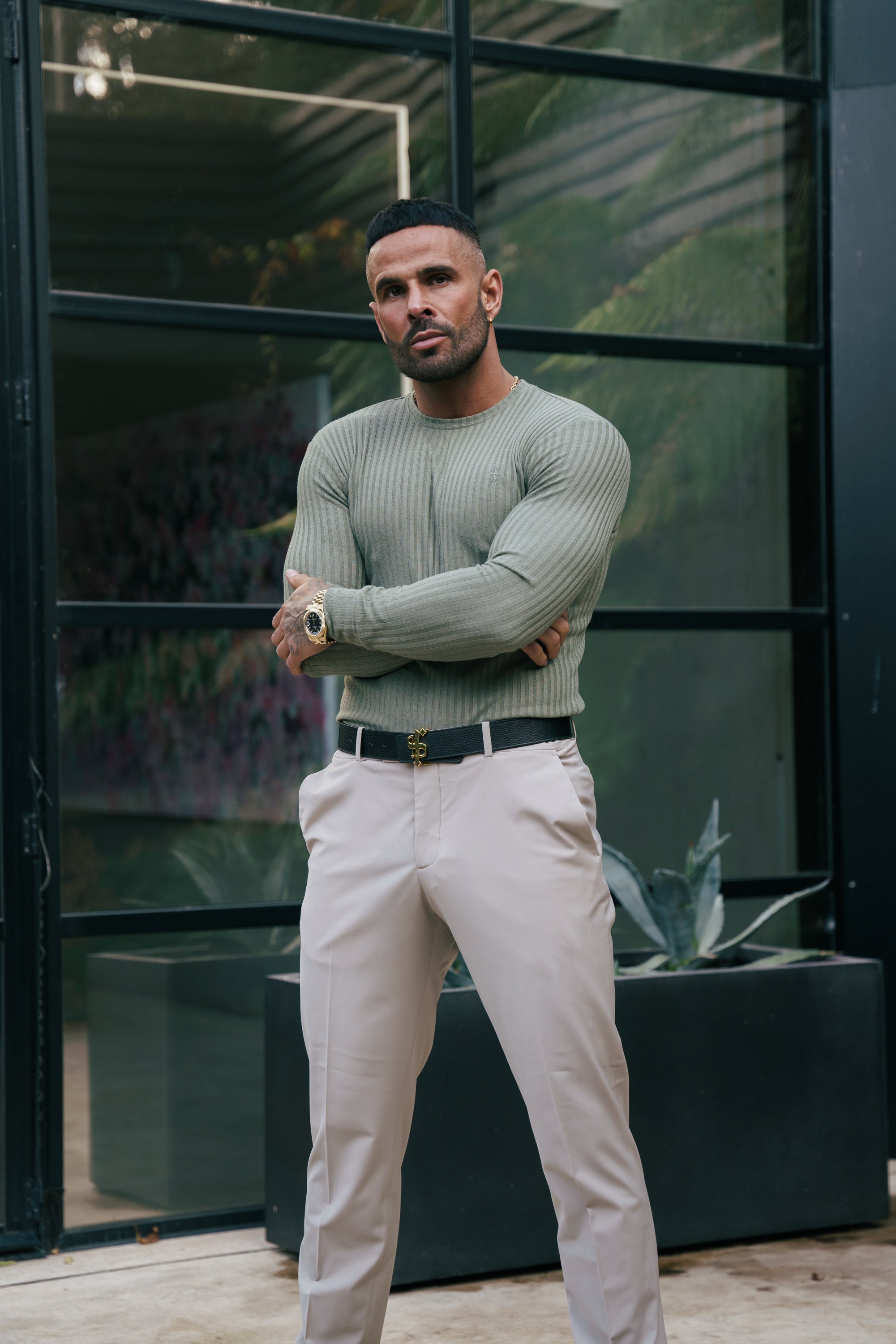 Father Sons Classic Olive Ribbed Knit Jumper With Tonal Embroidery -  FSH1285