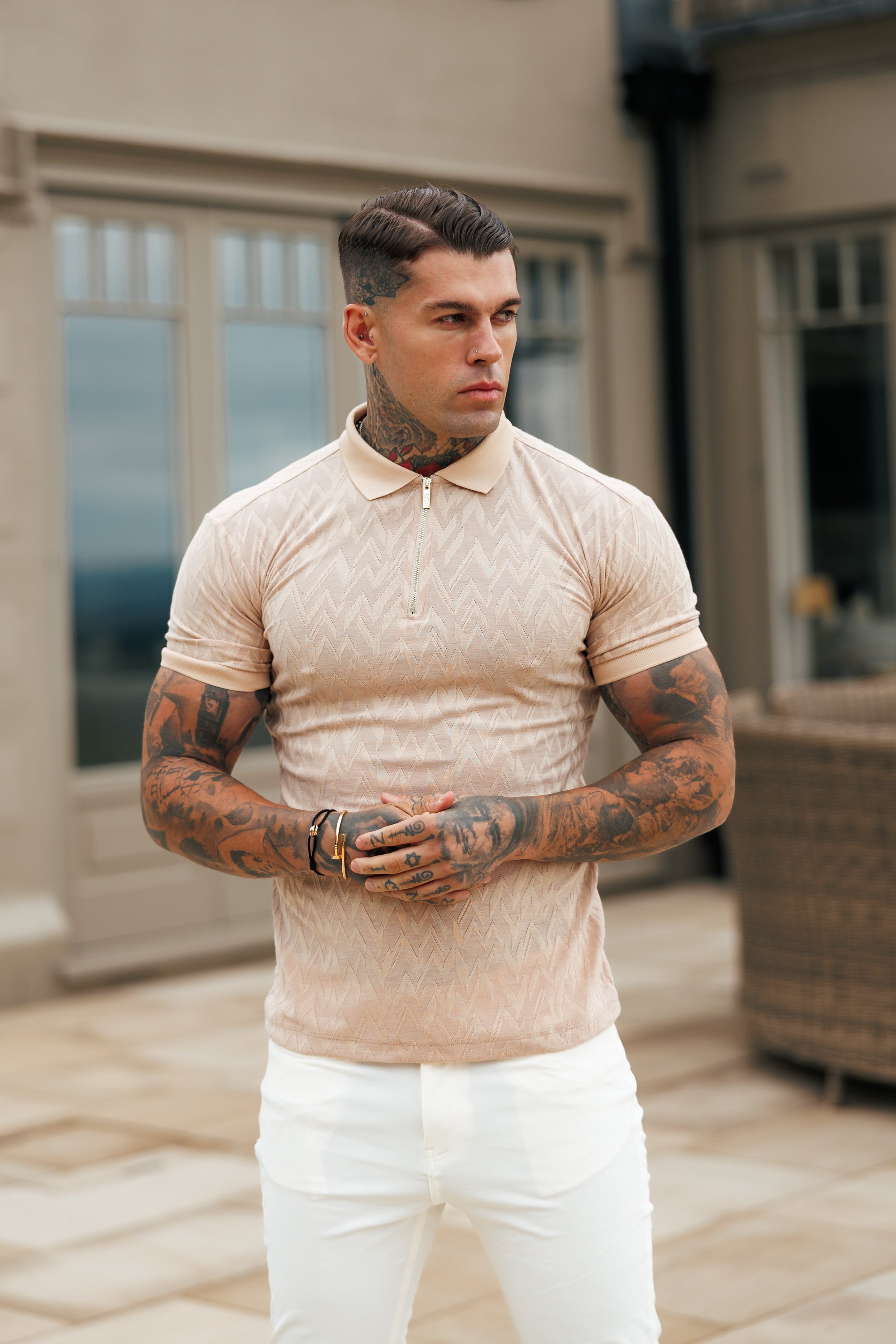 Classic Jacquard Beige Chevron Zipped Polo - FSR023