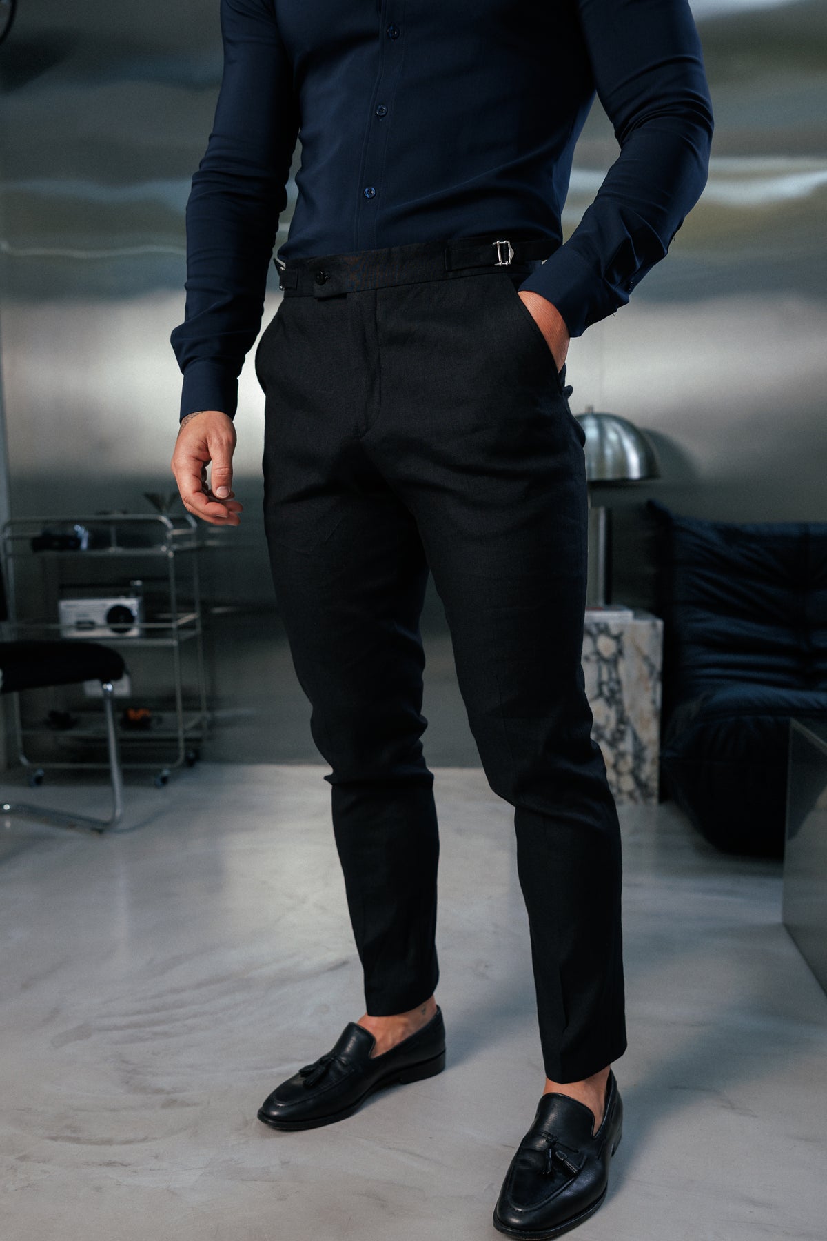 Slim Formal Black Linen Trousers With Side Adjusters - FST047