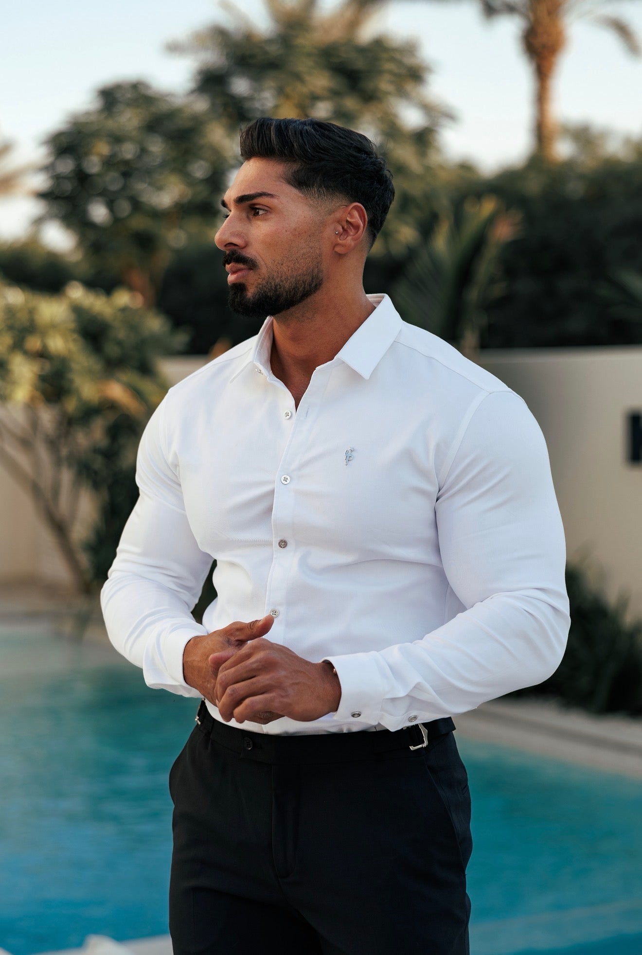 Super Slim Stretch White Denim Long Sleeve with Silver Metal Decal and Buttons - FS1111