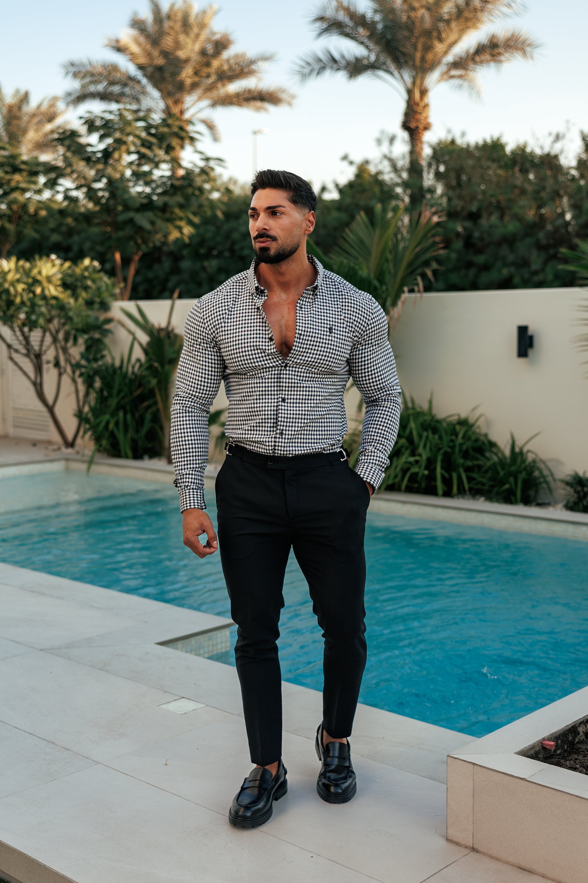 Super Slim Stretch White / Black Check Long Sleeve with Button Down Collar - FS1069