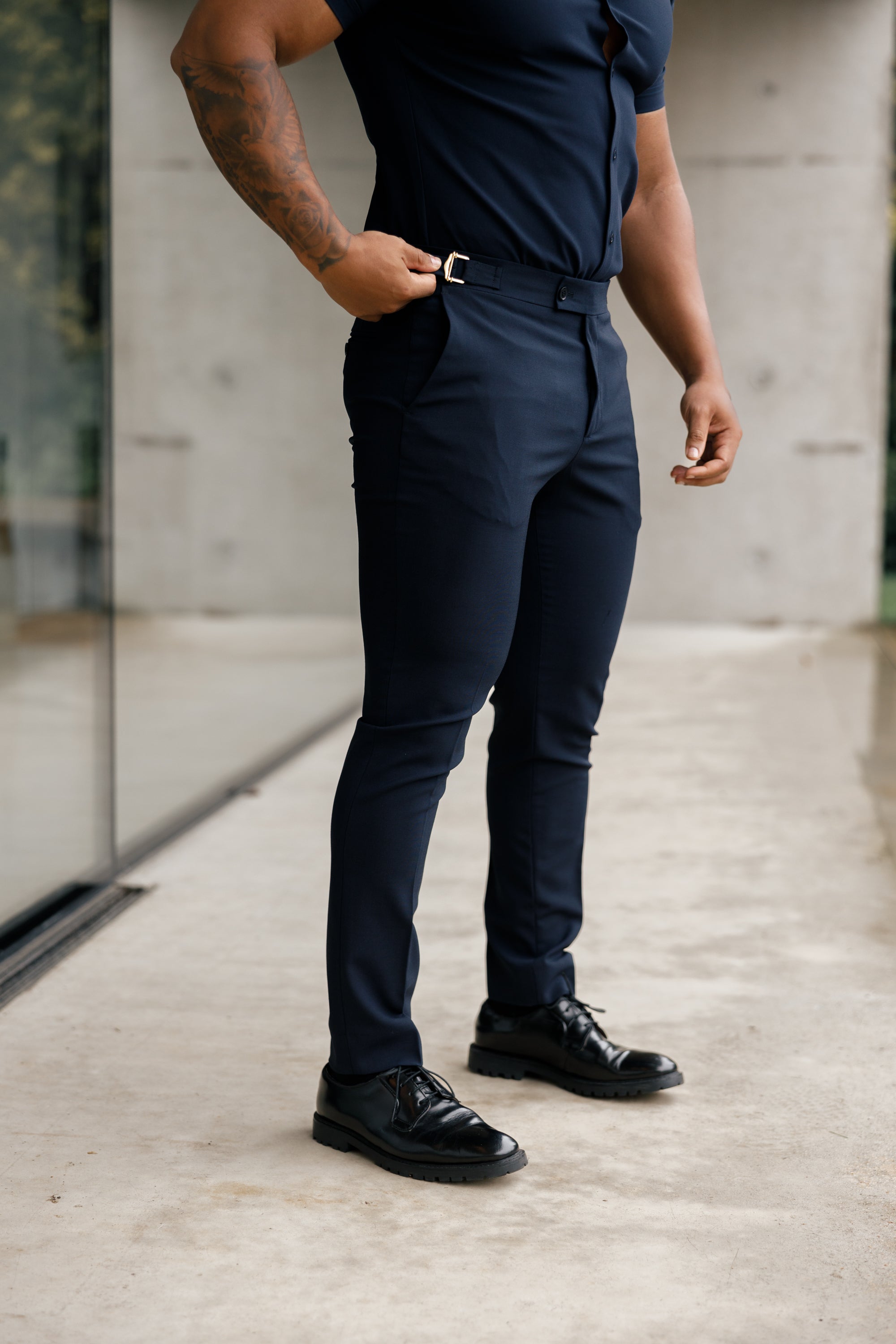 Father Sons Slim Formal Navy Stretch Pants With Gold Waist Adjusters - FST016
