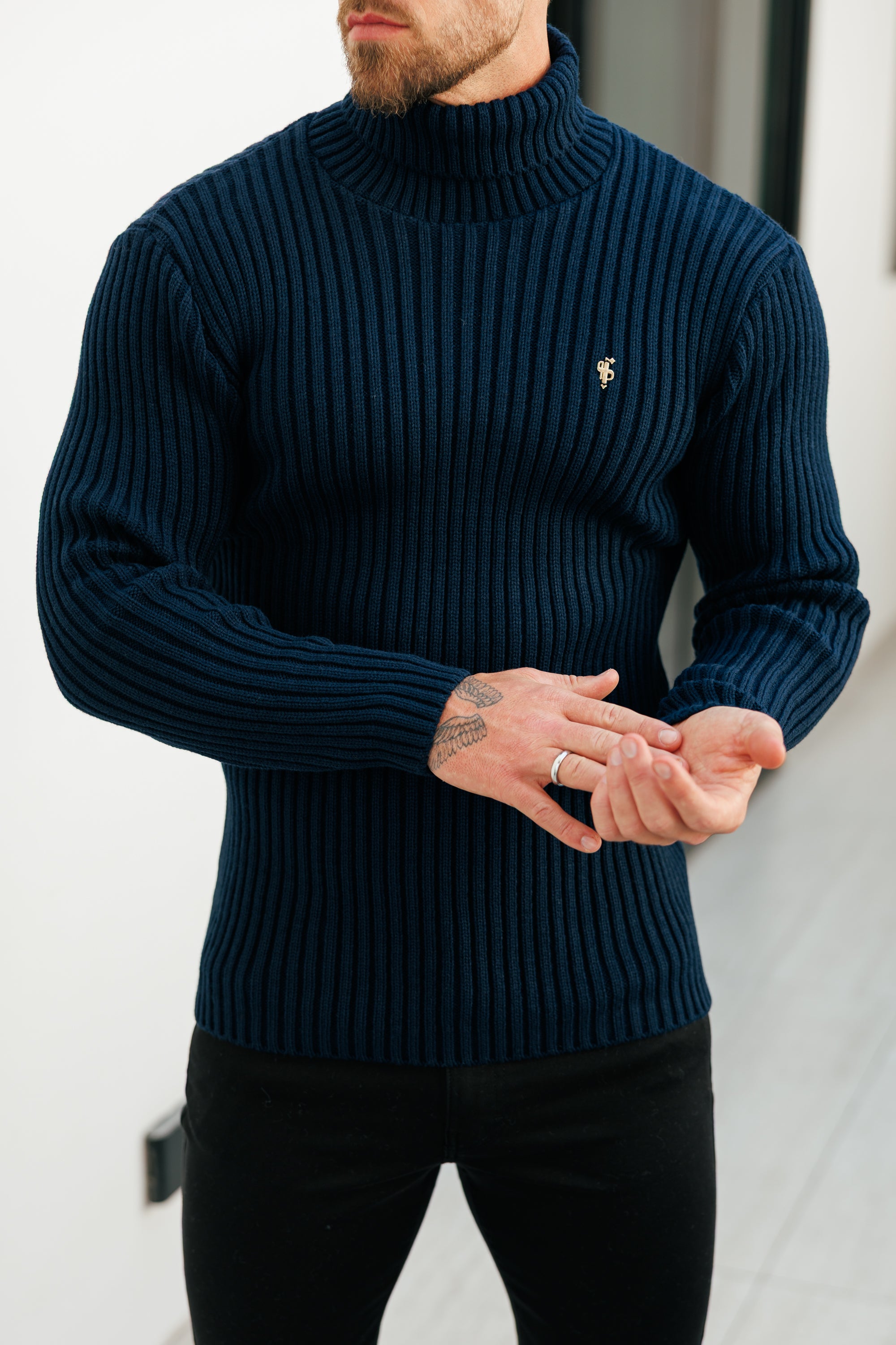 Ribbed Knit Navy Roll Neck Jumper - FSJ115