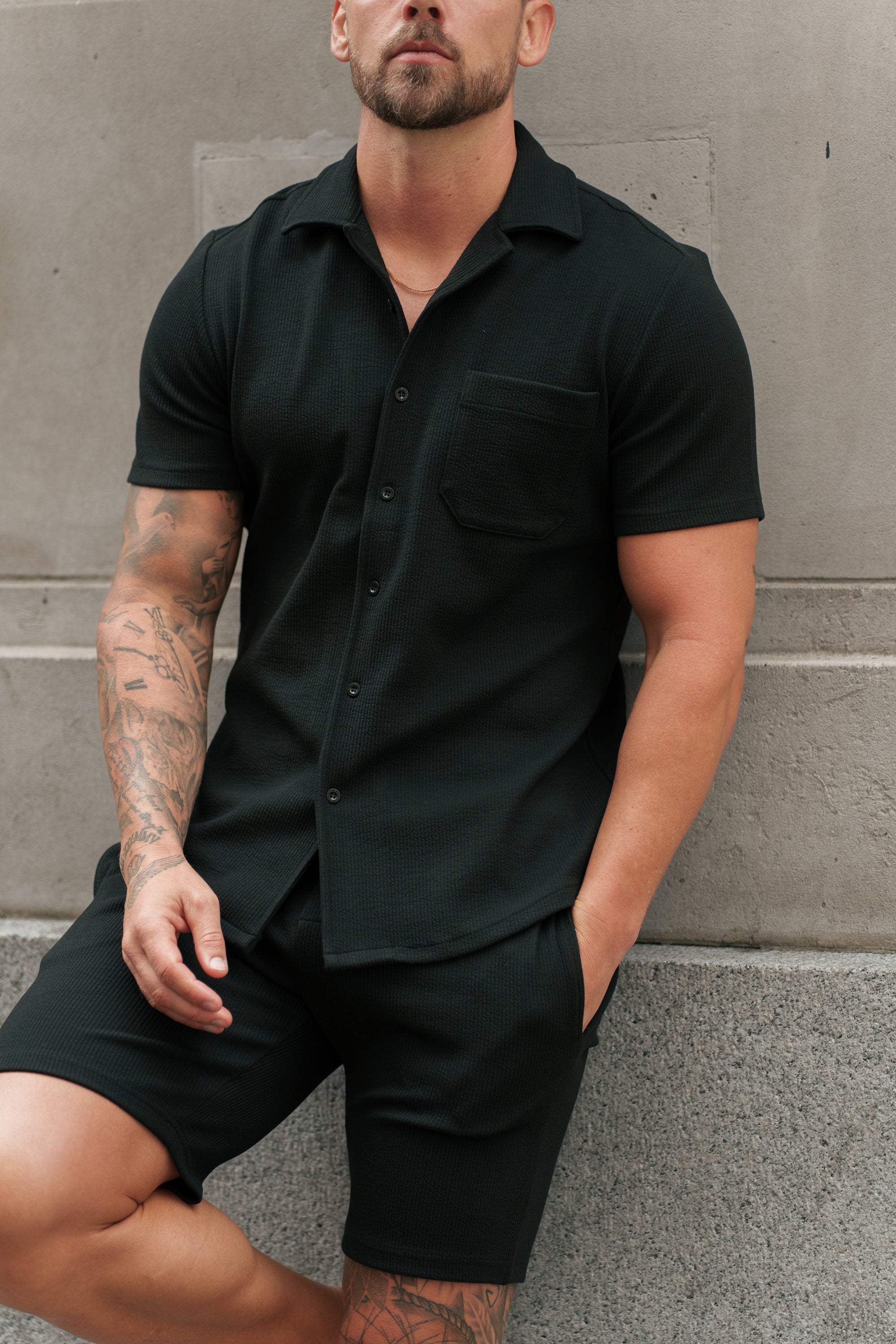 Jersey Cord Stretch Black Revere Shirt Short Sleeve - FSR018