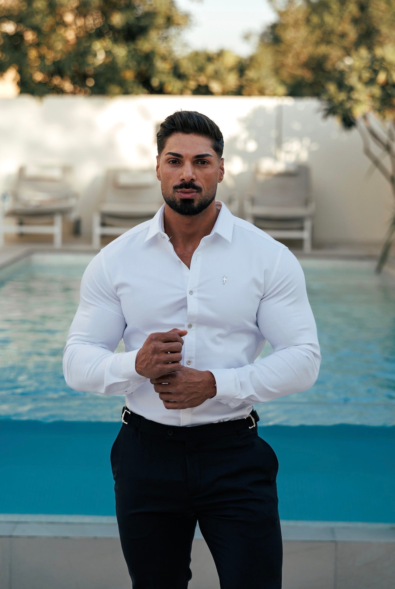 Super Slim Stretch White Denim Long Sleeve with Silver Metal Decal and Buttons - FS1111