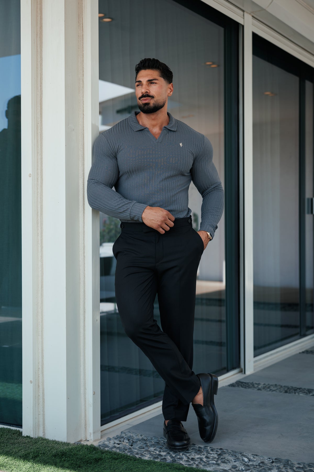 Charcoal / Silver Ribbed Revere Polo Shirt Long Sleeve - FSH1462