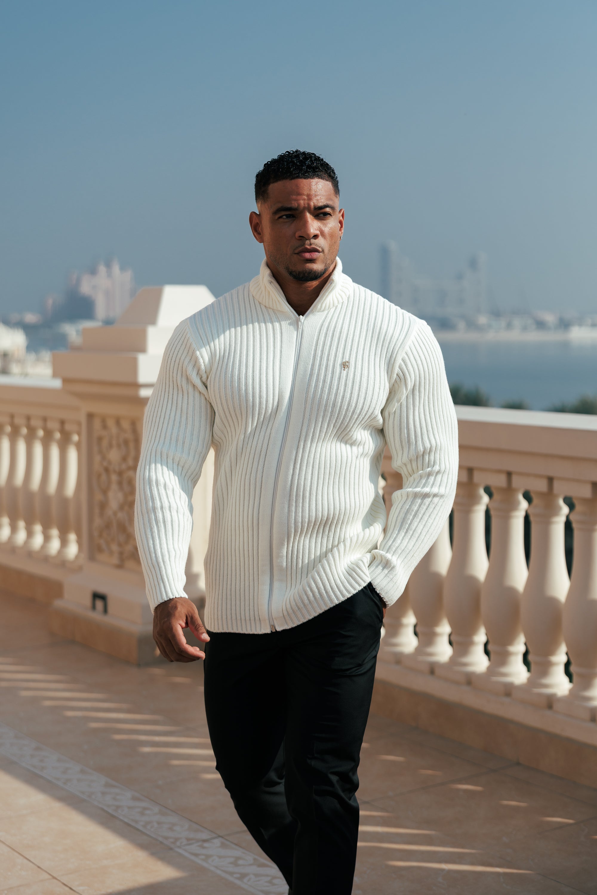 Chunky Cream Ribbed Zipped Cardigan with Gold Emblem- FSJ096