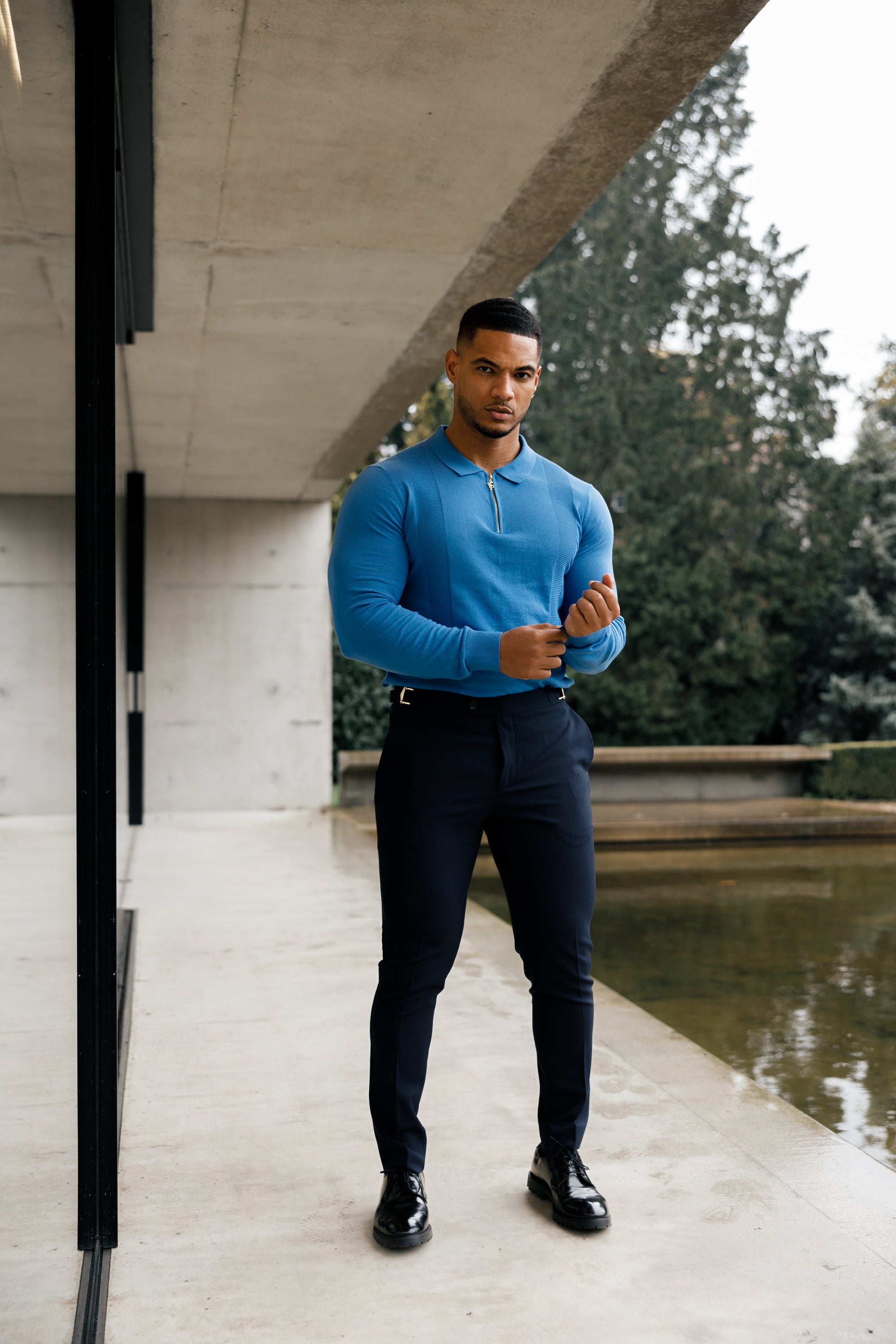 Classic Mid Blue and Gold Zip Knitted Polo Shirt Long Sleeve - FSN129