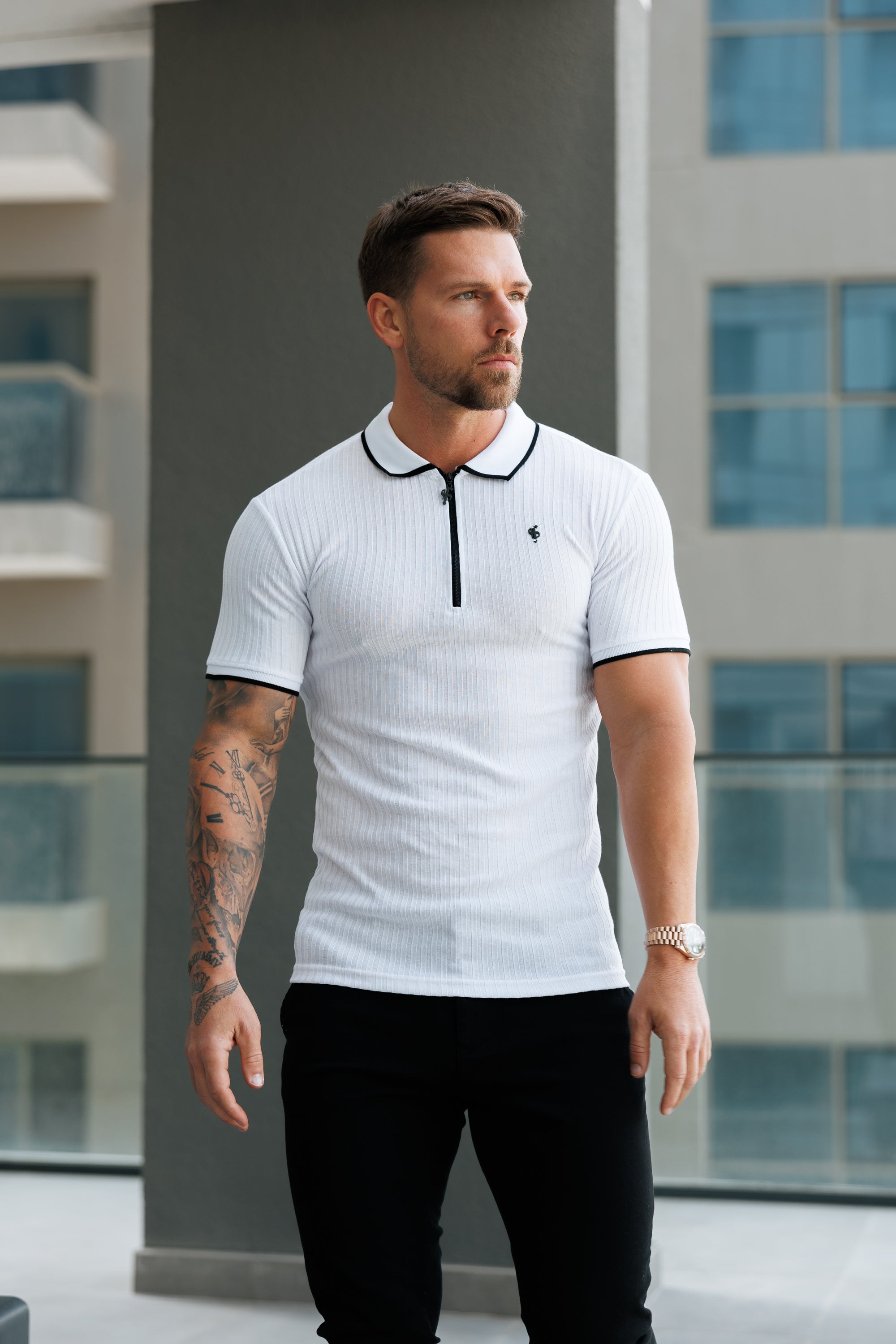 Classic White Ribbed Zip Polo with Contrast Short Sleeve - FSH1102