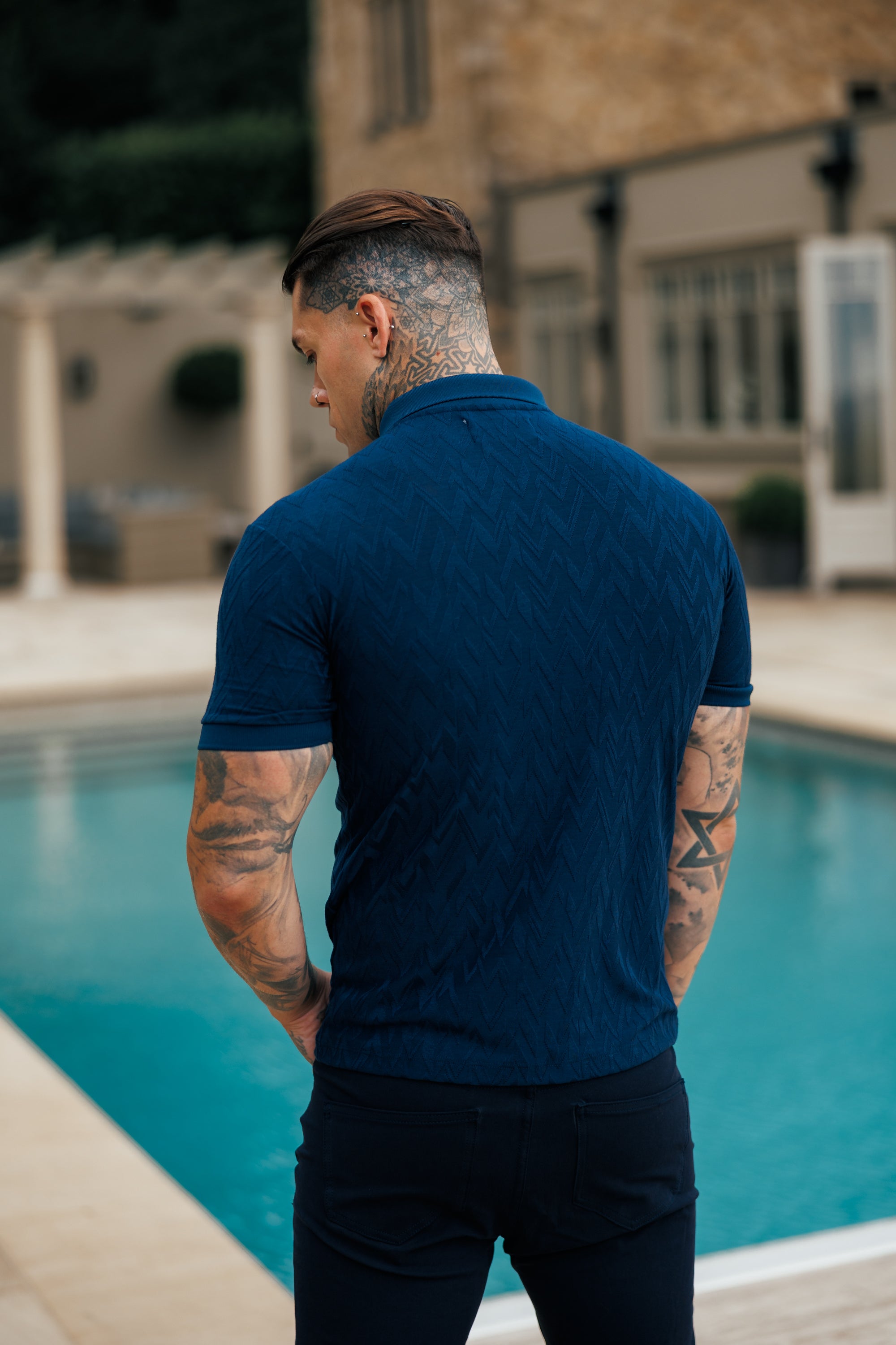 Classic Jacquard Navy Chevron Zipped Polo - FSR021