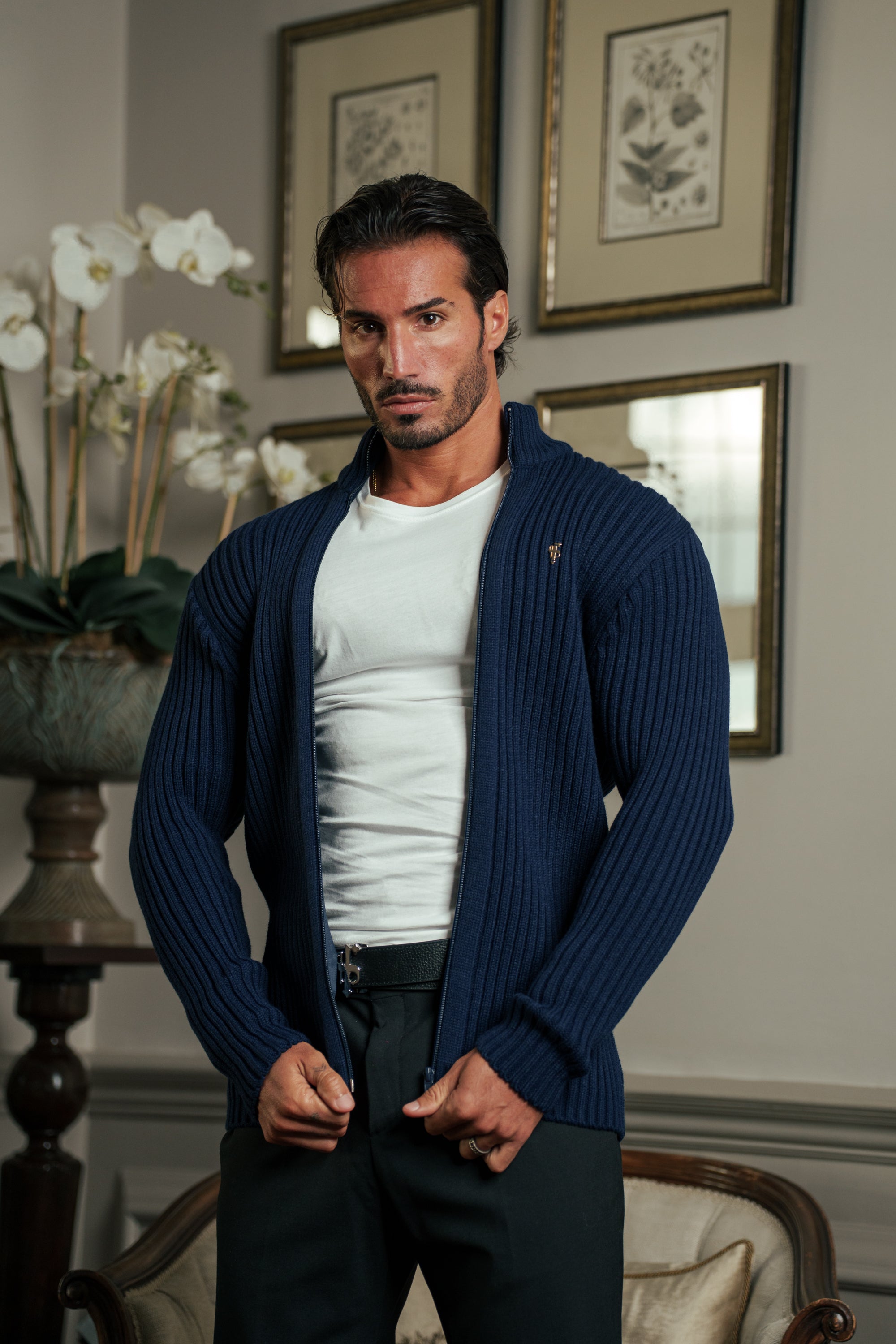 Chunky Navy Splash Ribbed Zipped Cardigan with Gold Emblem- FSJ098