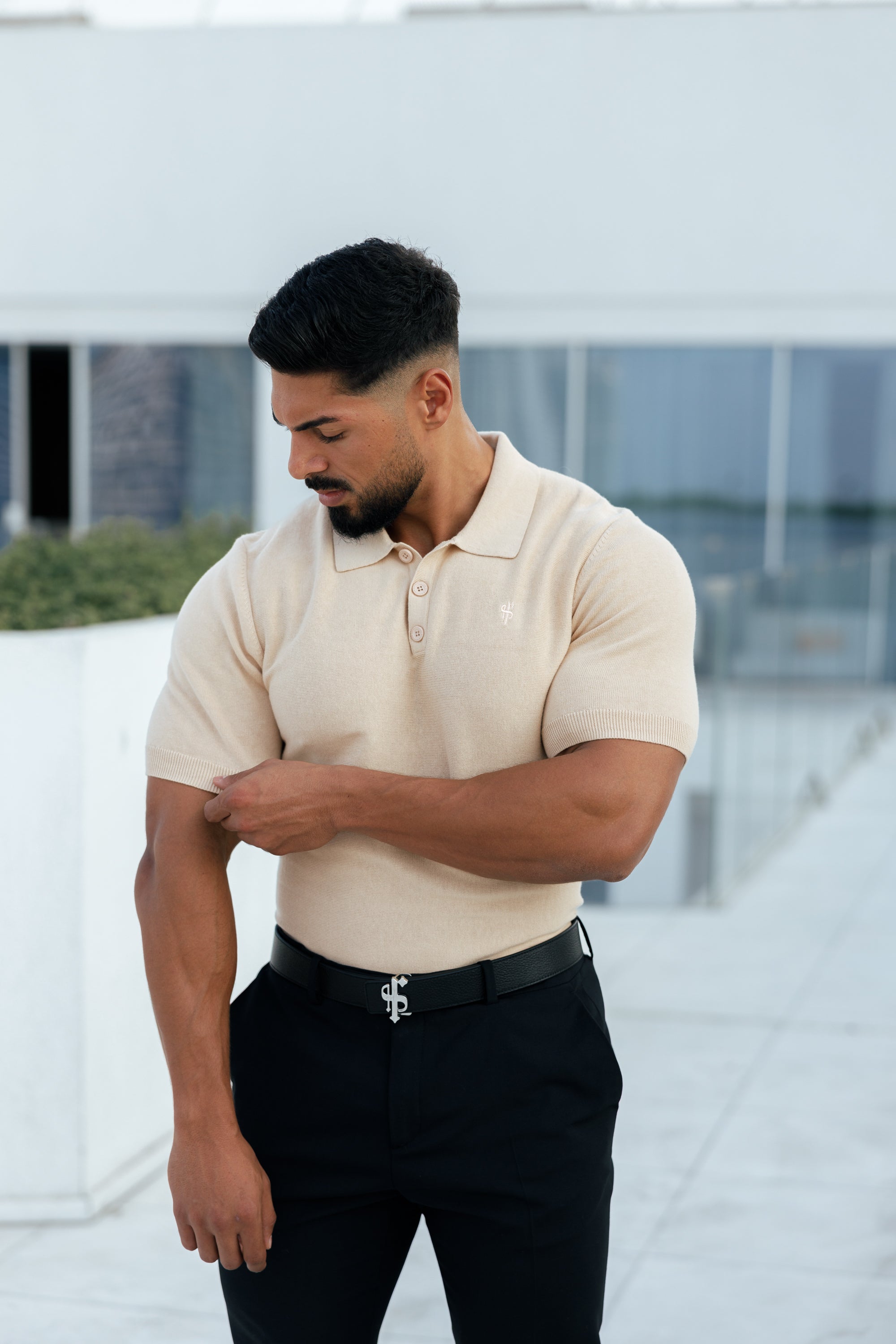 Classic Plain Beige Knitted Polo Short Sleeve - FSN111