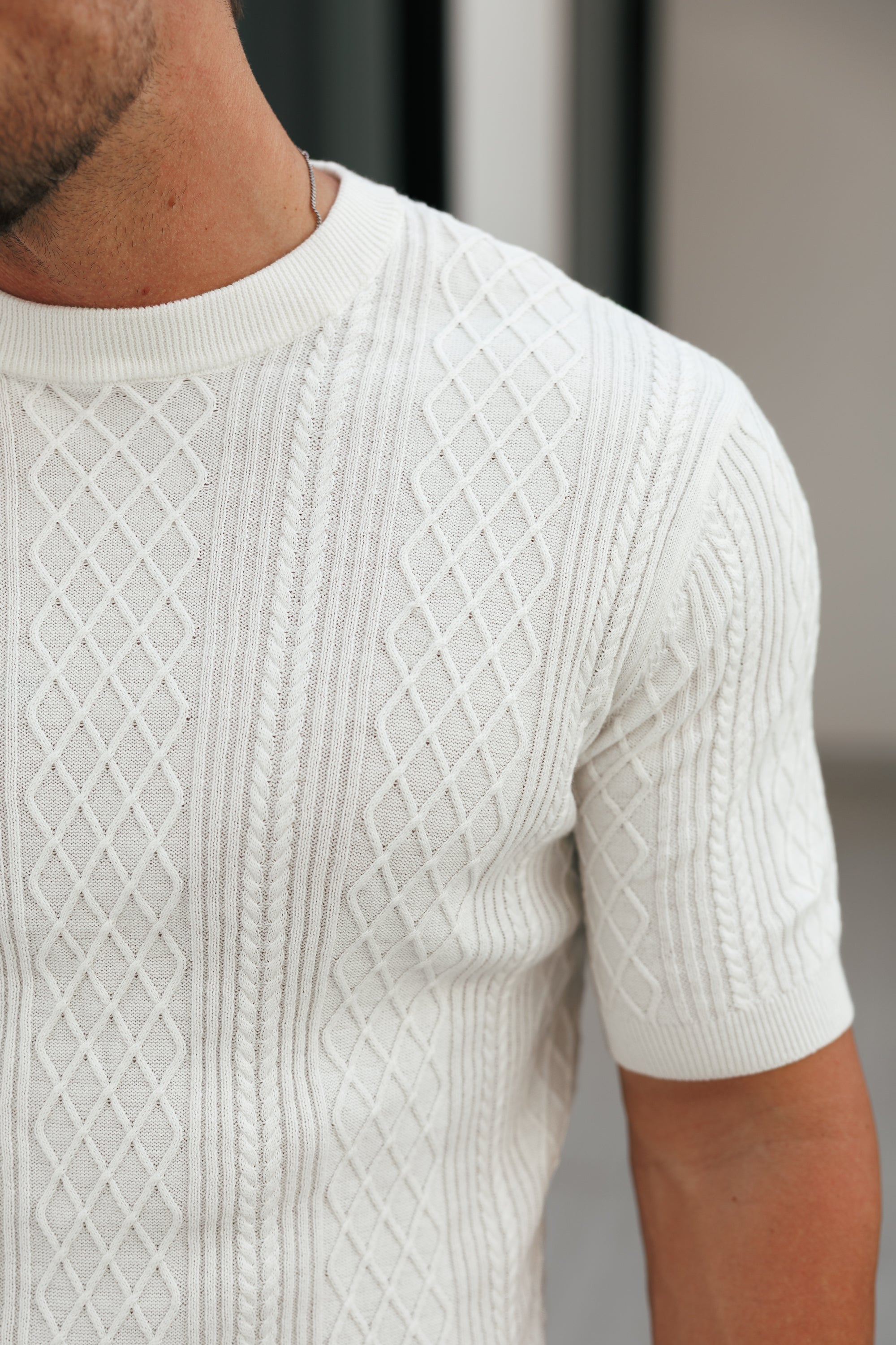 Fine Knit Diamond Off White Jumper Short Sleeve  -  FSA009