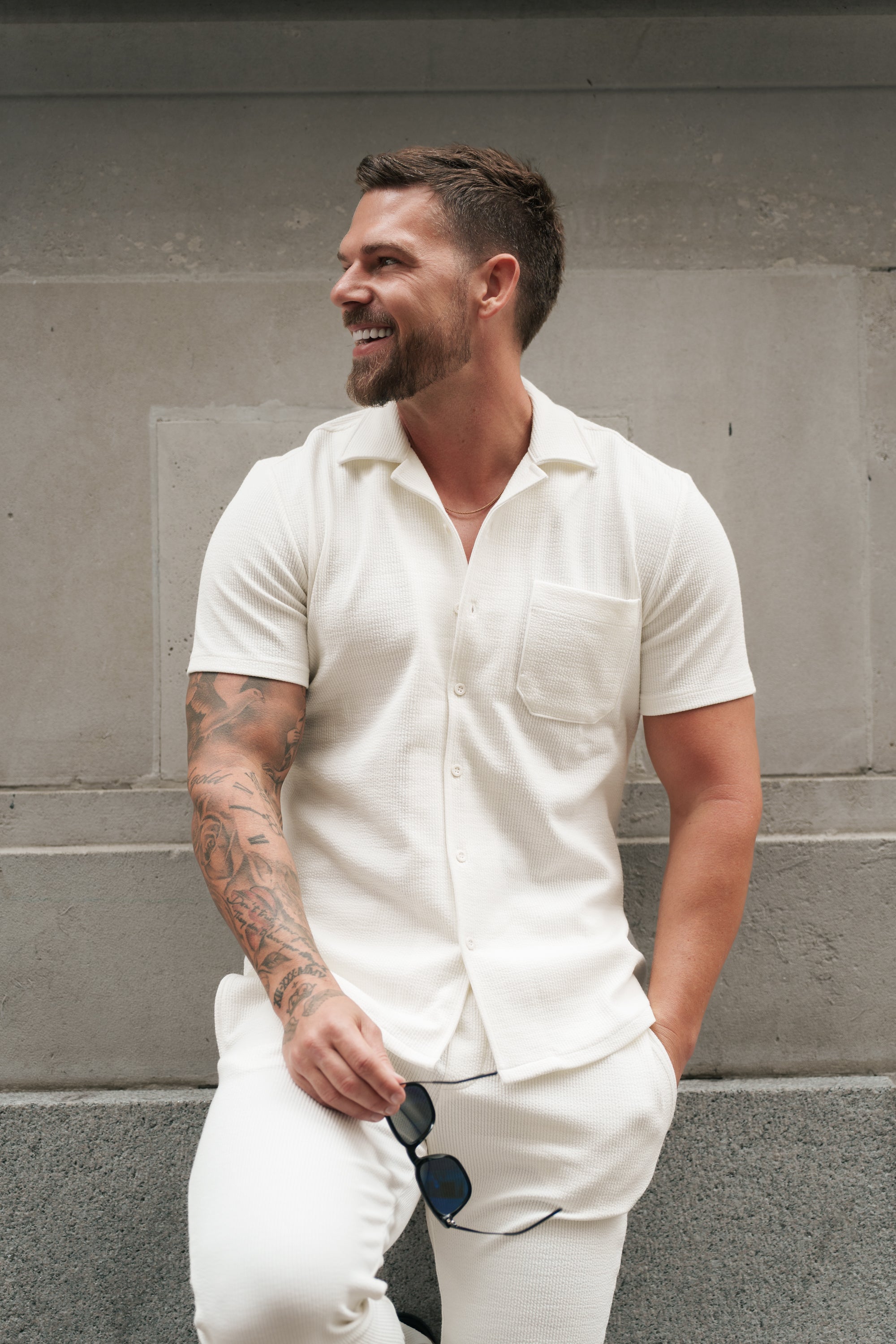 Jersey Cord Stretch White Revere Shirt Short Sleeve - FSR017