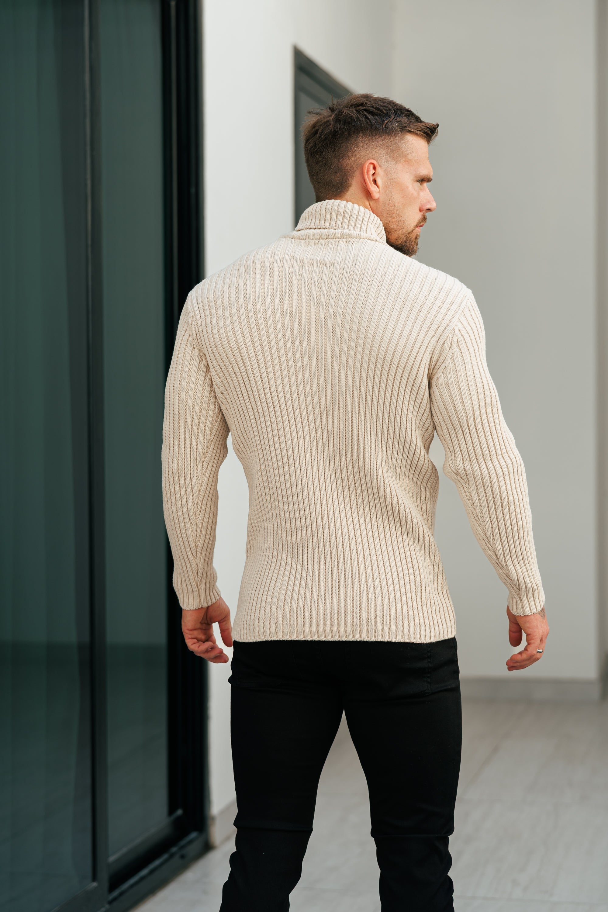 Ribbed Knit Beige Roll Neck Jumper - FSJ112