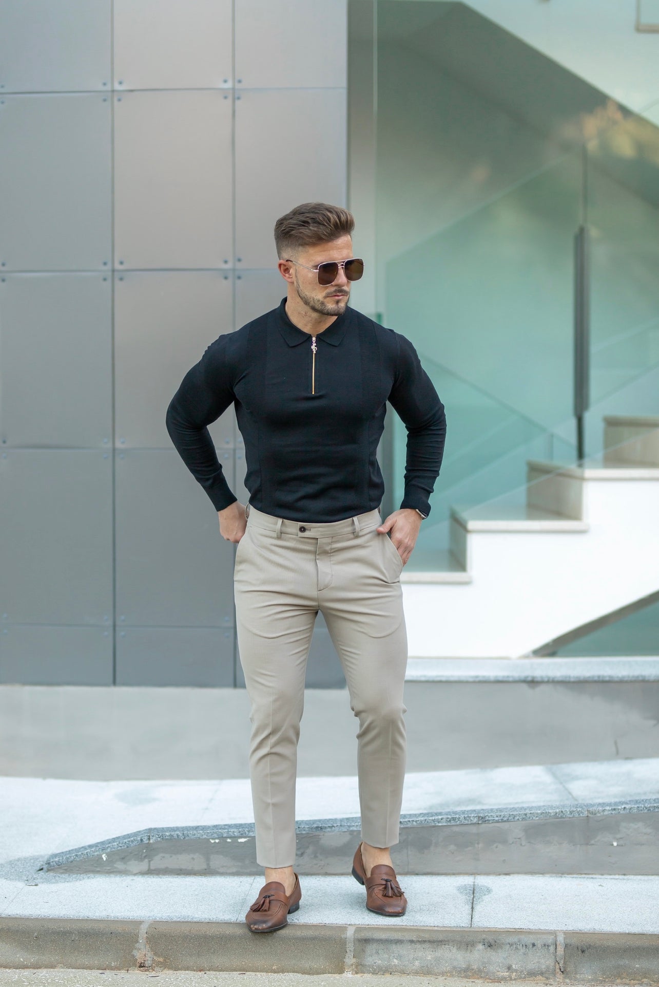 Classic Black and Gold Zip Knitted Polo Shirt Long Sleeve - FSN126