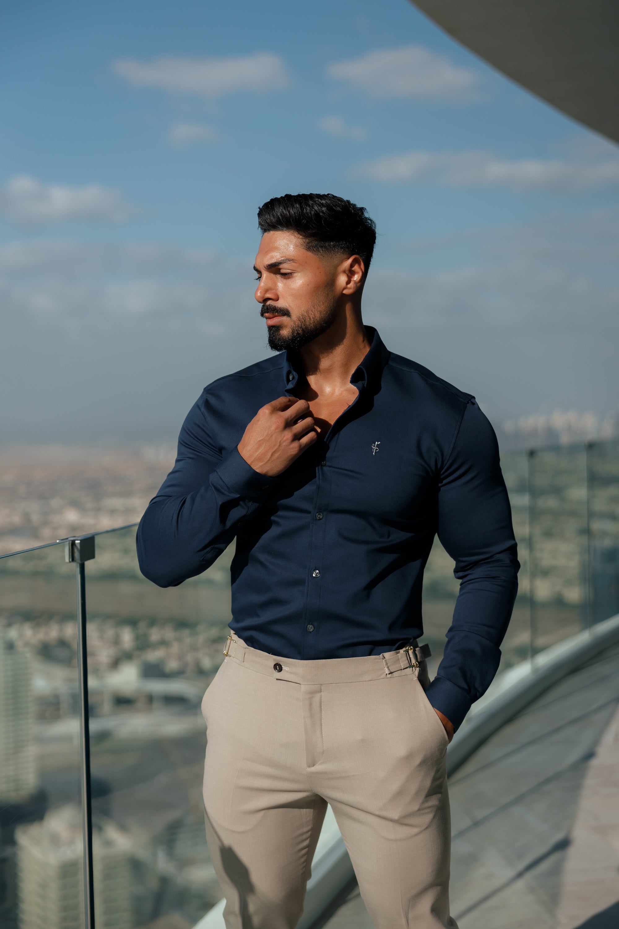 Super Slim Stretch New Navy Denim Long Sleeve With Button Down Collar - FS1018